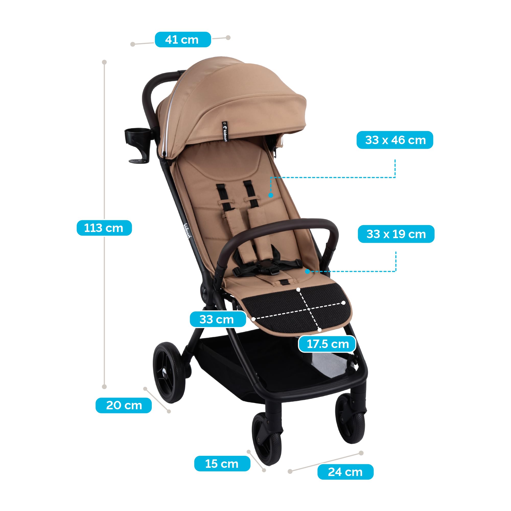 Snøugle Passeggino Leggero da Viaggio Pieghevole con una Mano fino a 22 kg Schienale Reclinabile Ruote Ammortizzate Cintura a 5 Punti Cappottina Estensibile Accessori Inclusi Beige