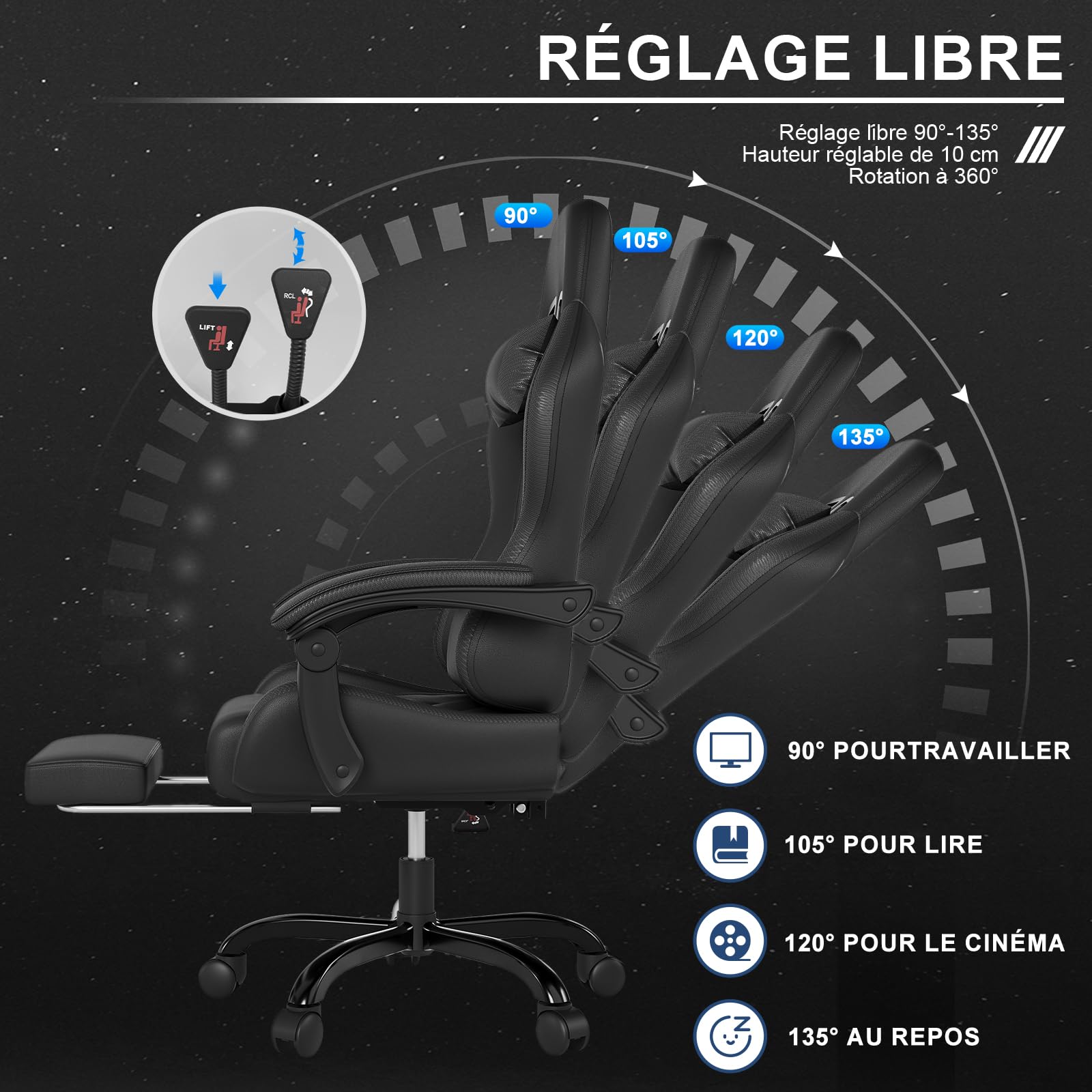 JUMMICO Chaise Gaming avec Coussin de Massage, Fauteuil Gaming Ergonomique avec Coussin Lombaire Massant, Chaise Bureau Gaming avec Dossier Réglable de 90 à 150° et Repose-Pieds, 150 kg, Noir