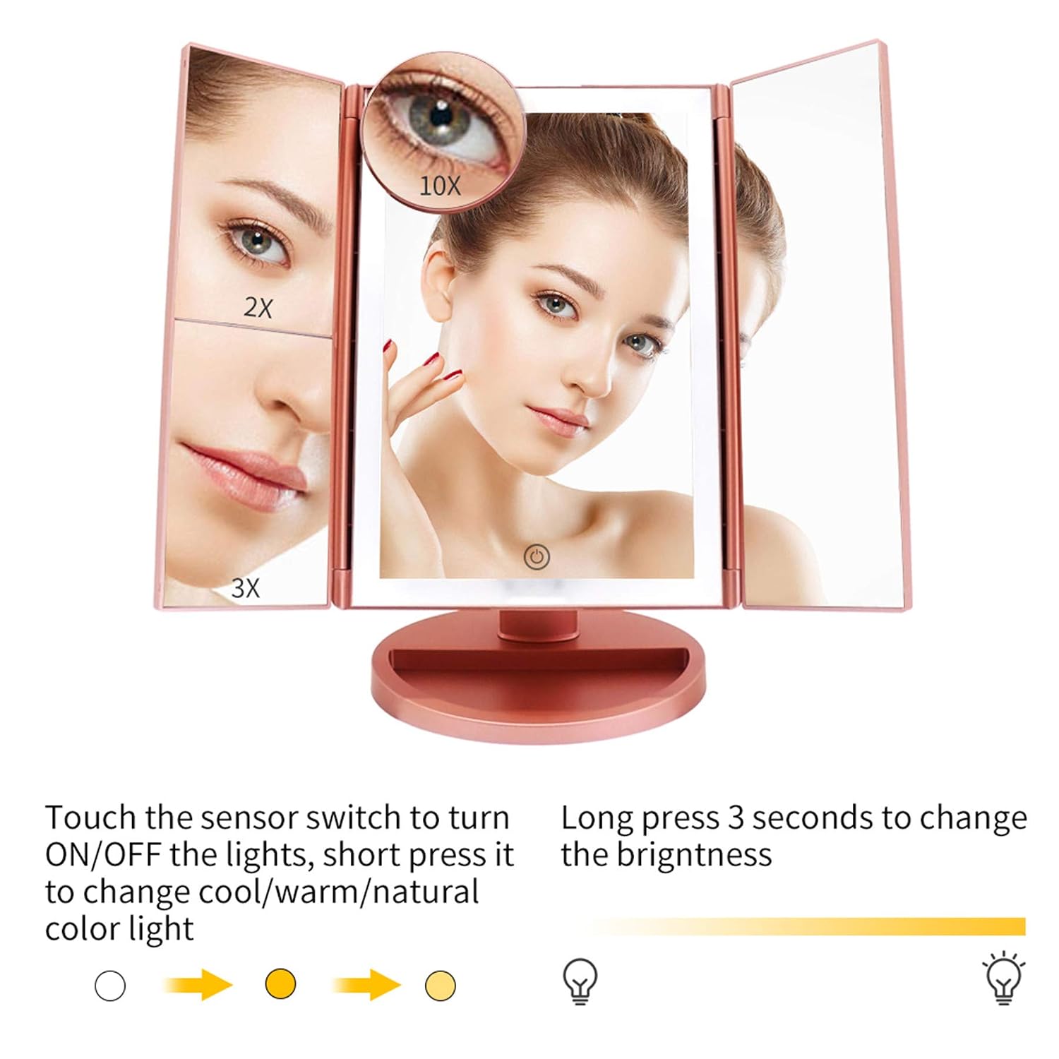 COSMIRROR Makeup Vanity Mirror with Lights, 3 Color Lighting 72 LED Trifold Lighted Makeup Mirror, 1X/2X/3X/10X Magnification and Touch Screen, High Definition Light Up Mirror