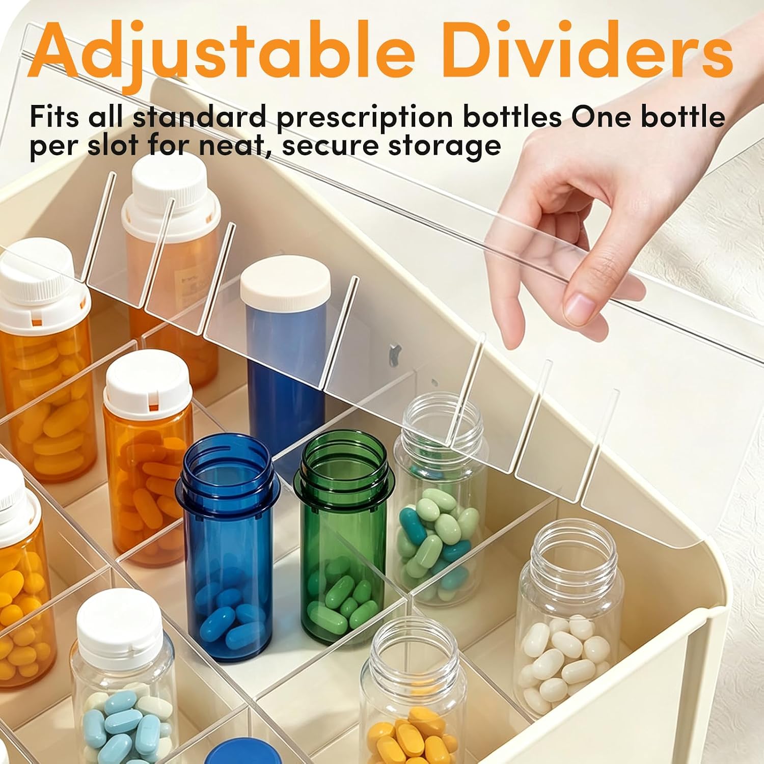 Prescription Bottle Organizer, 16-Compartment Medicine Storage Box with Clear Top & Pull Tab Handle, Pill & Vitamin Organizer for Home Medication Station