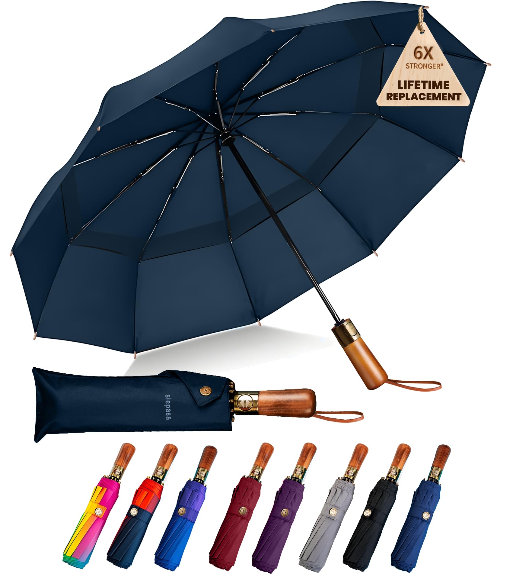 SIEPASA 49/54/62 Inch Windproof Golf Umbrella - Automatic Open/Close, Real Wood Handle - Large Folding Travel Umbrella for Wind, Rain & Sun Protection