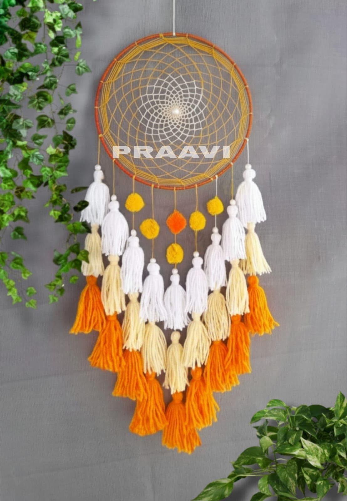Handmade Dream Catcher for Wall Hanging – 55 cm Large Macrame Dreamcatcher with Tassels | Home Decor for Bedroom, Living Room & Balcony, Wall Hanging Decoration (Yellow & White & Orange)-image-44