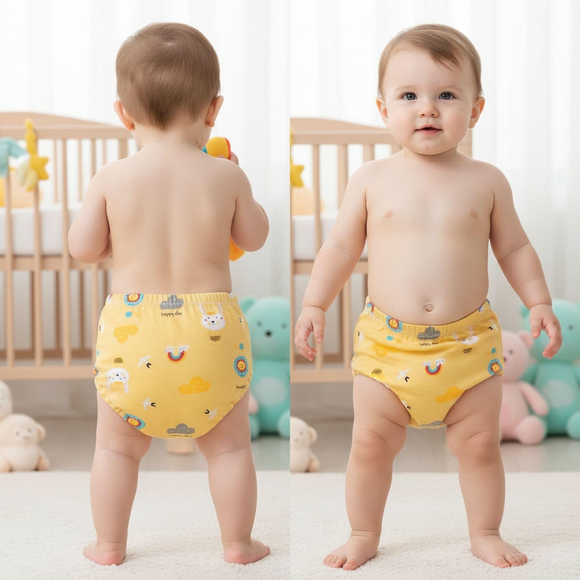 BEMBIKA Potty Training Pant for Babies Cotton Reusable Leakproof Padded Underwear for Kids Ideal for Diaper-Free Time & Mess-Free Potty Training - (Yellow Animal - 12M to 18M-M)