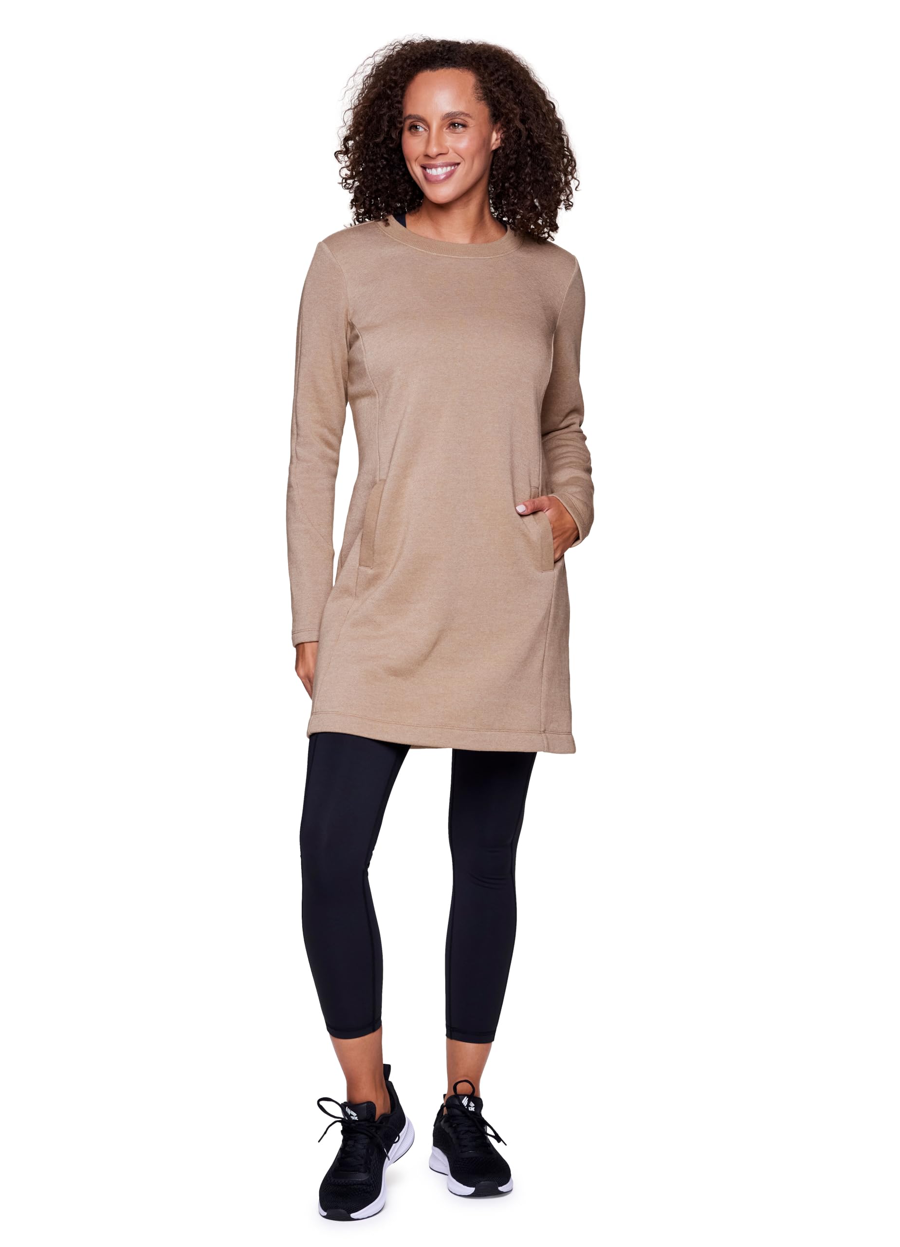 RBXActive Fleece Dress for Women, Breathable Cotton Blend Sweatshirt Dress, Crewneck Fleece Tunic Dress with Pockets
