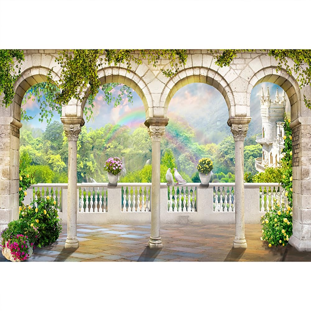 SDOTPMT 10x8ft Romantic Secret Garden Polyester Backdrop Arched Door Wedding Bridal Shower Engaged Theme Party Photography Backdrop Blue Sky Kids Lover Adult Wedding Photo Studio Props - Image 4