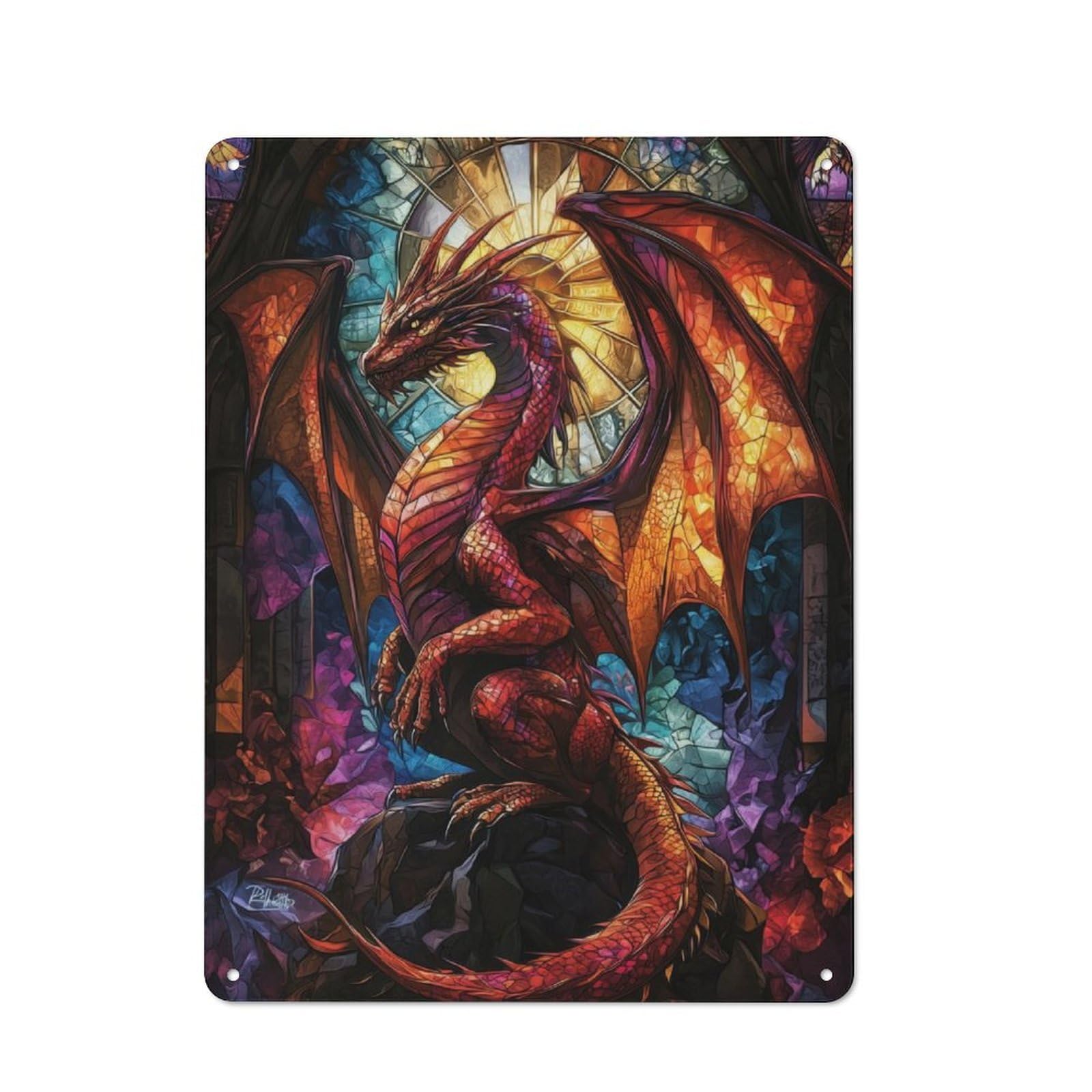 Junmoney Stained Glass Dragon Vintage Tin Wall Plaque 40X30cm For Workshop Wall, A Decorative Christmas Gift For Makers And Diy Enthusiasts