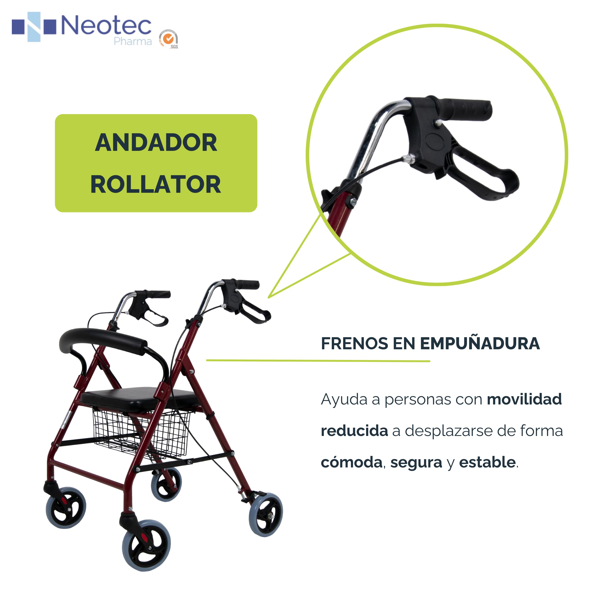 Sanitec - Andador Rollator con Frenos en Empuñadura | Andador para Ancianos Plegable | Andadores Adultos con Estructura de Aluminio Ligero | Andador con Asiento y Cesta | Andadores para Ancianos