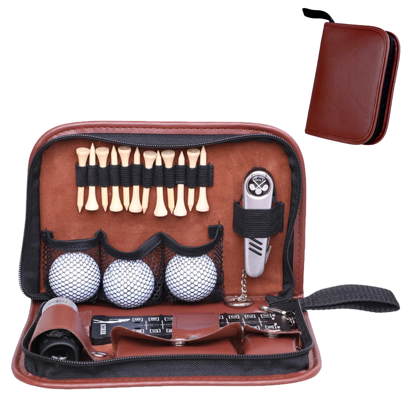Kit Accessori da Golf Uomo Donna, Borsa Multifunzionale 7 in 1 con Tasca in PU, Regalo per Golfista Completo con Spazzola Pulizia, RaccogliPalle, Forchetta da Green