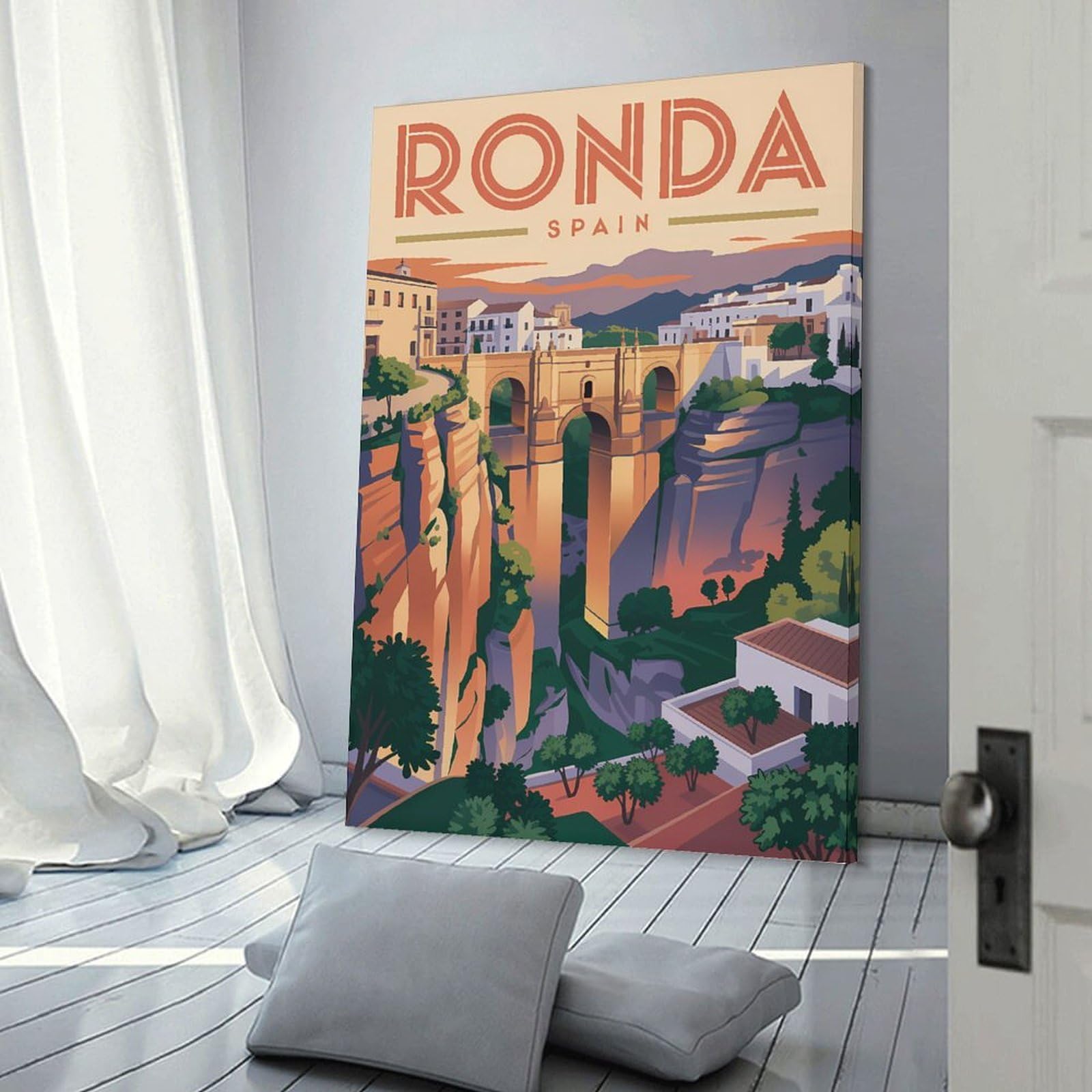 Junmoney Ronda Spain Vintage Travel Wall Art Print, 24x36inch(60x90cm), for Front Hall, Corridor Or Welcome Spaces, Wall Decor to Refresh Empty Corners