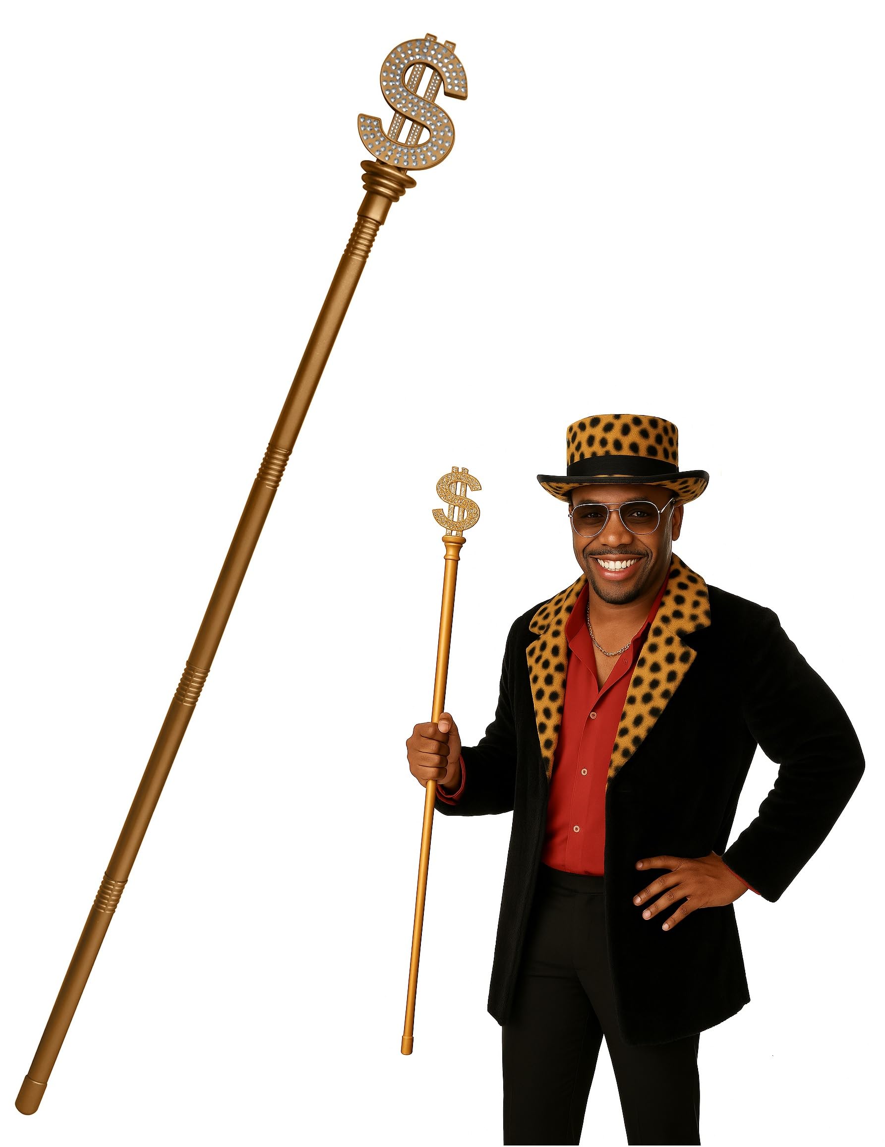 Nicky Bigs Novelties Gold Jeweled Money Cane 49.5" Adjustable Staff with Dollar Symbol, Cosplay Scepter, Halloween Prop Costume, Magician Stage Accessory, Walking Stick for Men, One Size