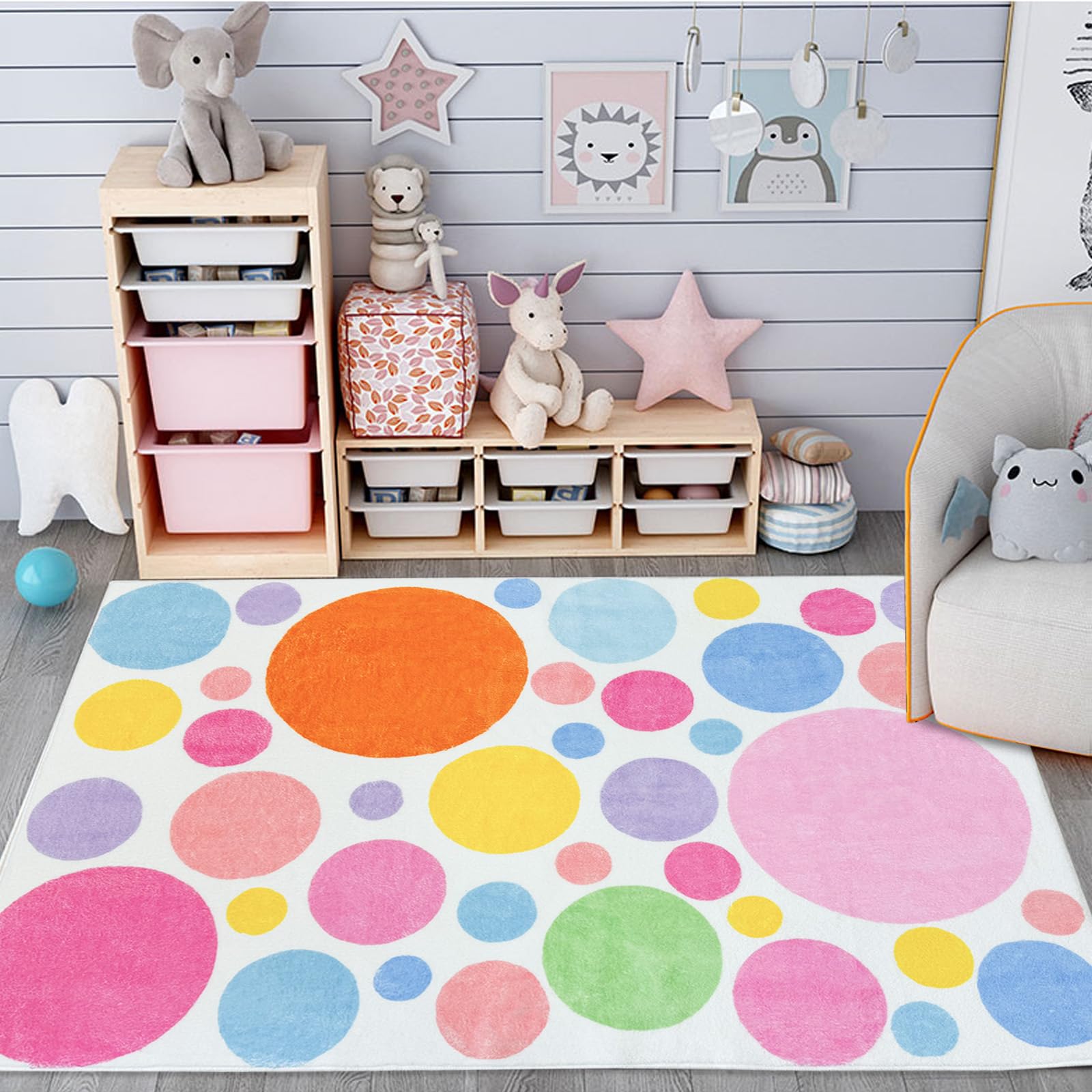 Kinderteppich, Regenbogen-Luftblasen, Teppich für Mädchen, Jungen, Schlafzimmer, 90 x 150 cm, bunte Kreise, Spielmatte, Teppich für Wohnzimmer, waschbar, Rosa, Gelb, Orange, Blasen,