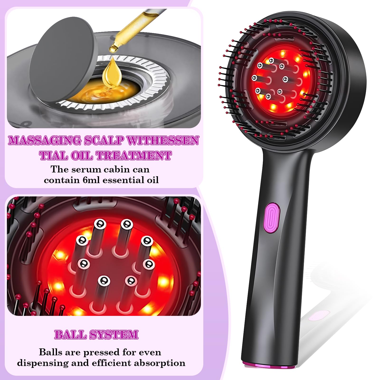 Brosse de massage électrique cuir chevelu, applicateur d'huile capillaire lumière rouge