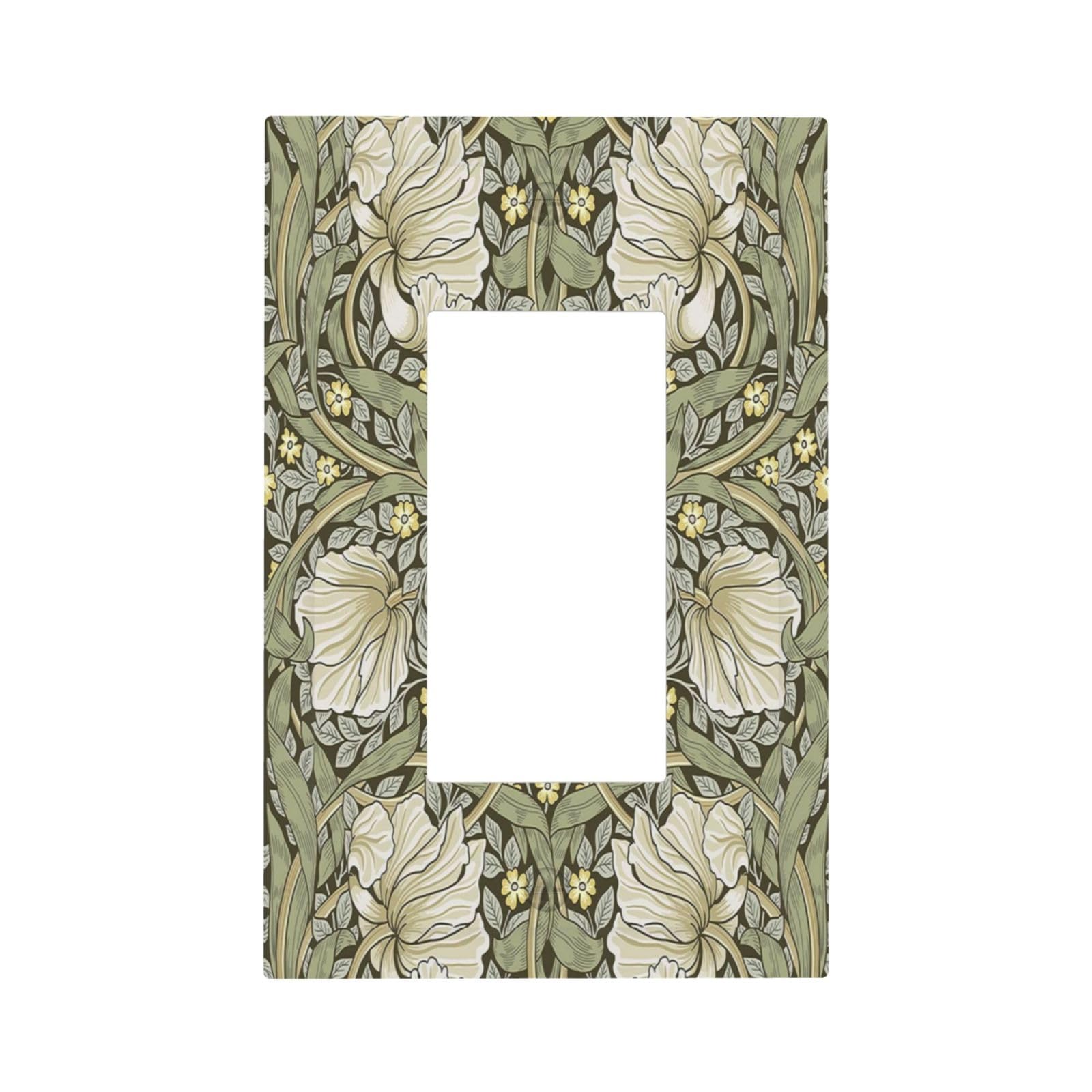 Rougui Decorative Outlet Covers Rustic William Morris Green Plant Leaf White Flower 1 Gang Single Decora GFCI Device Light Switch Cover Plate 1 Rocker