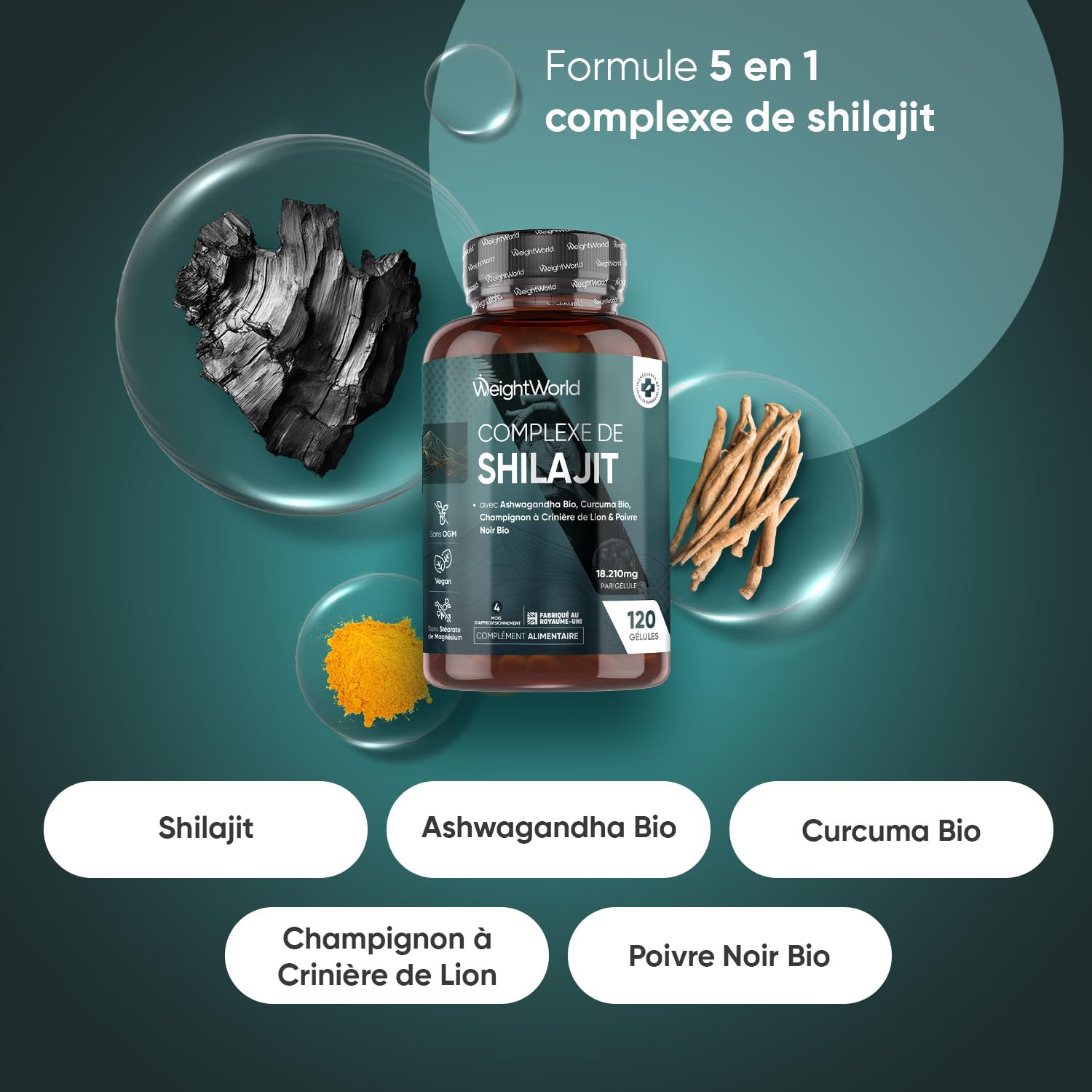 Shilajit Gelules 18210mg, Shilajit Himalaya Complexe 120 Gélules Vegan, Ashwagandha Bio, Curcuma Bio, Champignon Crinière de Lion et Poivre Noir, Riche en Acide Fulvique, Acide Humique et Minéraux
