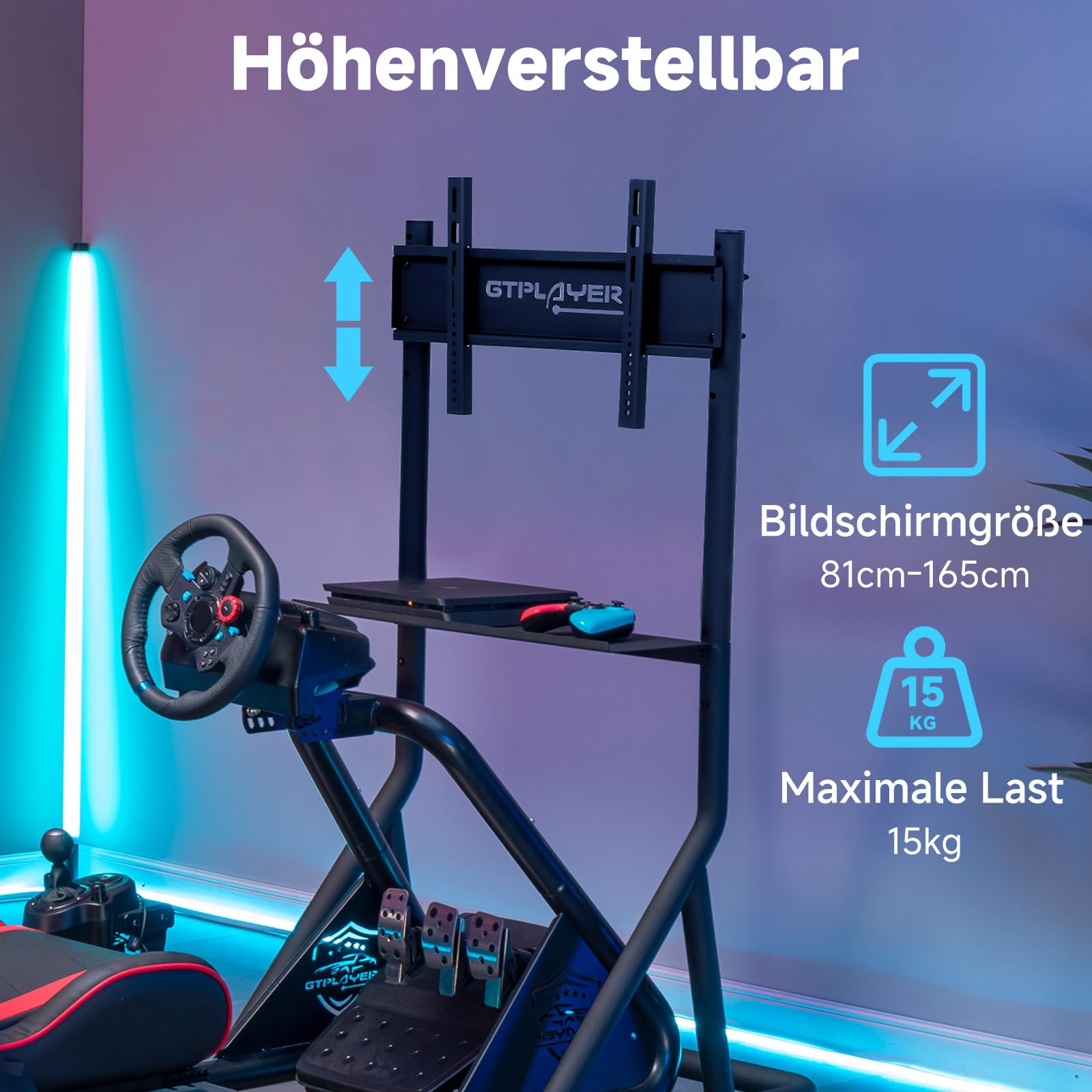 GTPLAYER Rennsimulator Monitorhalterung höhenverstellbar mit Rollen für 32-65 Zoll Fernseher & Monitor, Racing Simulator Monitorständer Einzelbildschirm Halterung für Sim Racing Cockpit