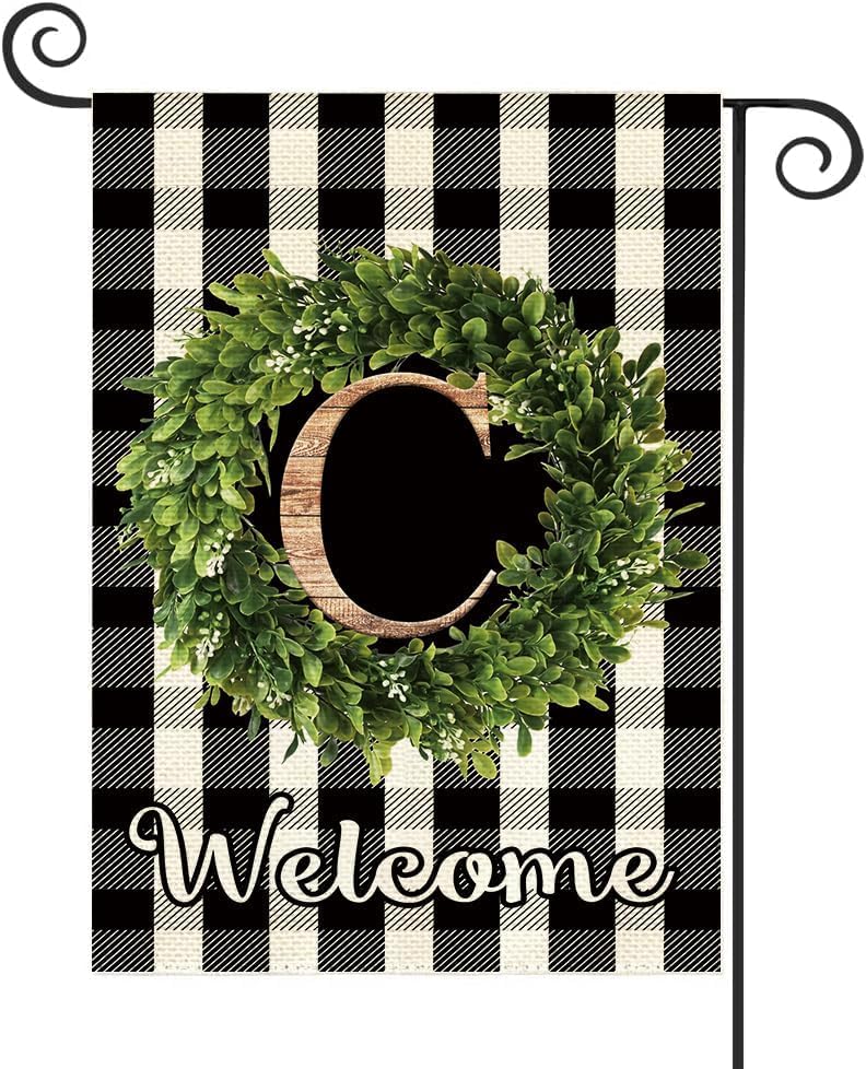 Baccessor Monogram Letter C Garden Flag 12.5 x 18 Inch, Buffalo Plaid Family Last Name Initial Boxwood Wreath Welcome Vertical Double Sided Small Flags for Outdoor Outside Decoration