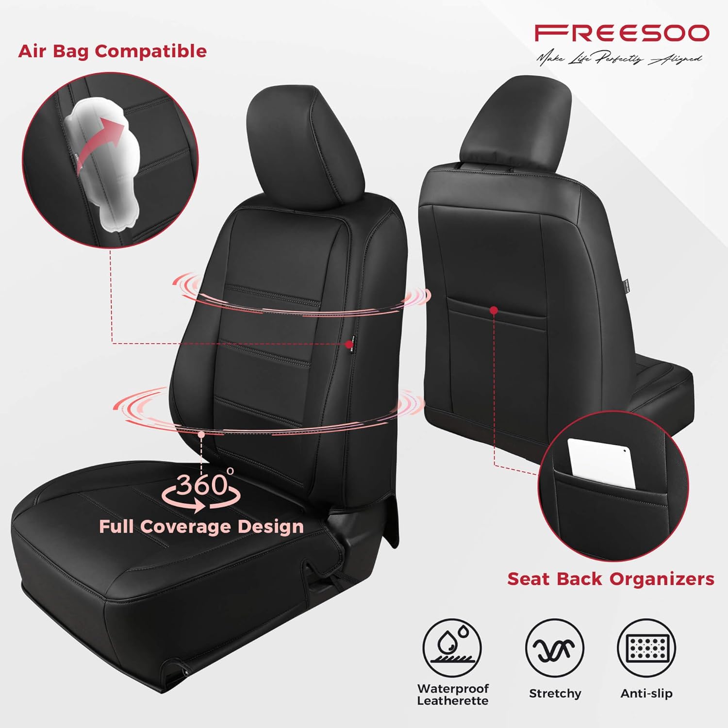 FREESOO for Toyota Corolla Seat Covers LE 2023 2024 2025 2026, Custom Fit Car Seat Covers Full Set, Luxury Leather Seat Covers for Cars, Waterproof Car Seat Cover Protector Cushions, Black Full Set