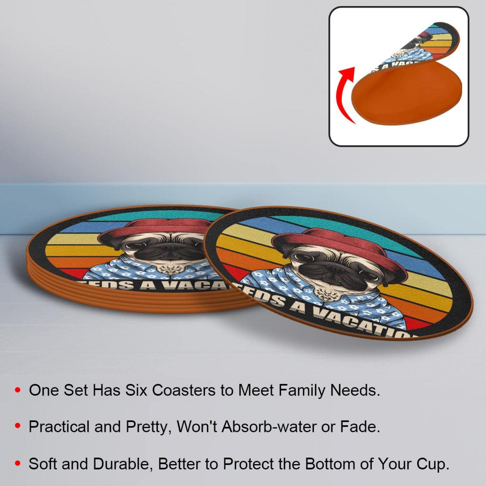 Set di 6 sottobicchieri per bevande, in pelle, per caffè, birra, tè, tazze, protezione da tavolo, decorazione per cucina e bar - divertente cane carlino
