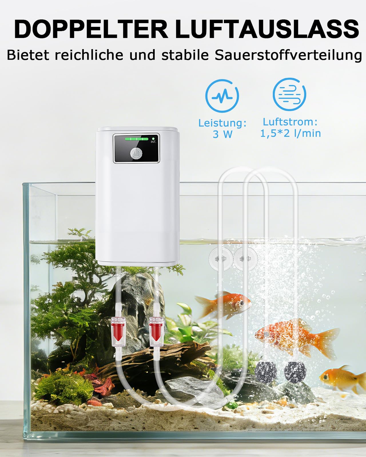 Aquarium Luftpumpe: USB Aquarium Luftpumpe Regelbar, 2600mAh Batterie, Zwei Stromversorgungsmodi, 1.5-2L/min*2