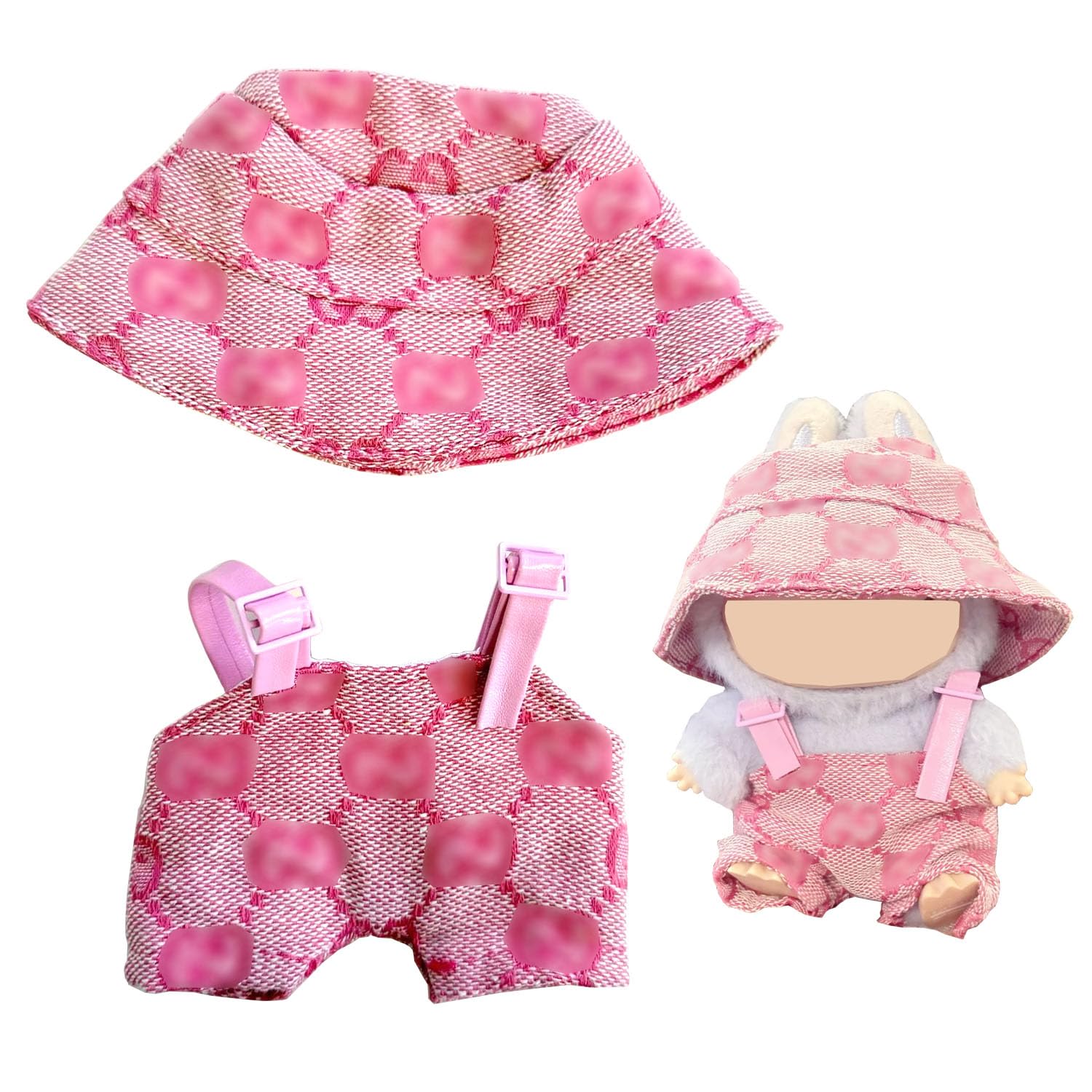 17cm Labubu Clothes Set, Hat & Overalls Set for 17cm Labubu Accessories Suit, Cute Clothes for Labubu Dress up Unique Style (Pink)
