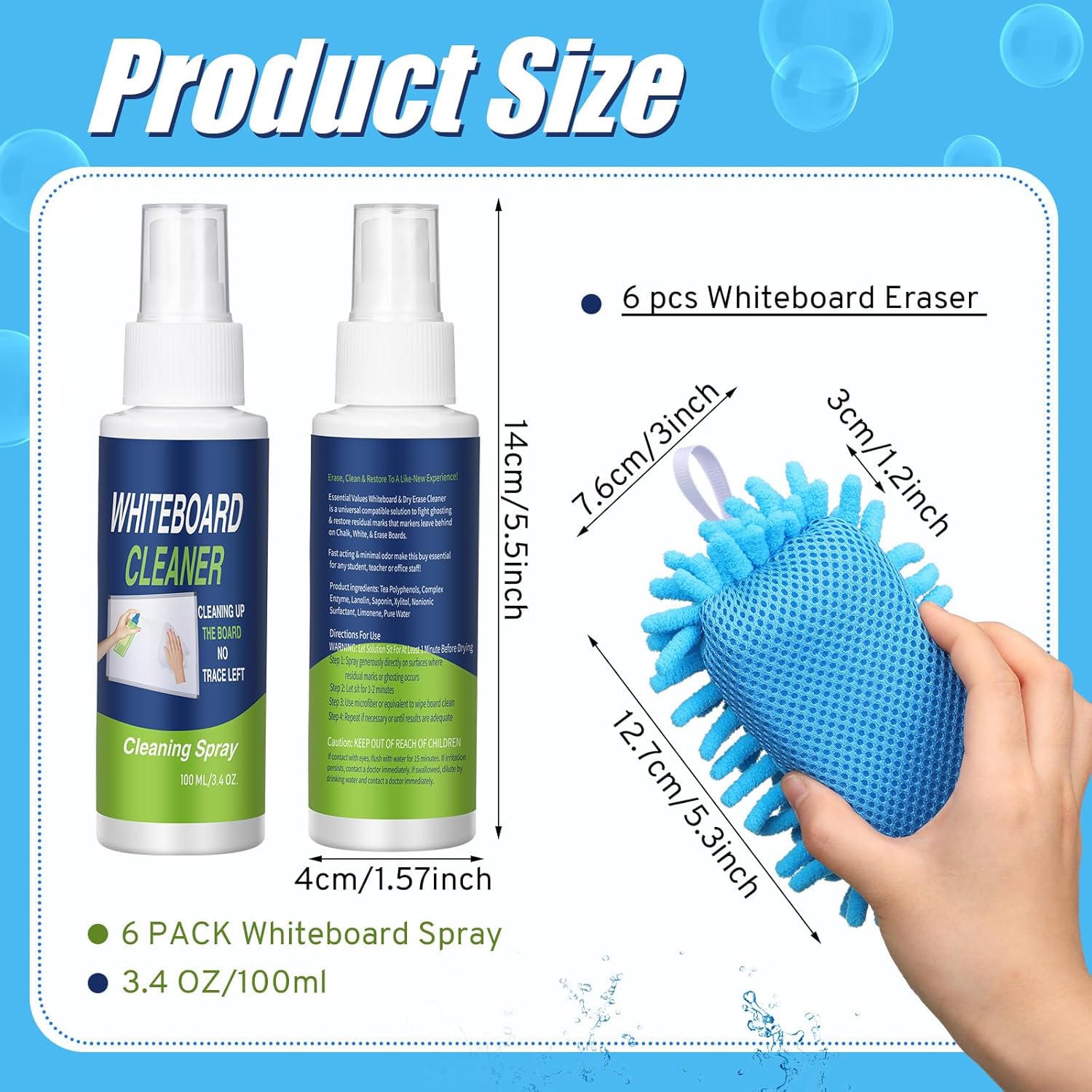 Fuyoooo 6 Pack Whiteboard Cleaner 3.4 Fl oz White Board Cleaning Spray Dry Erase Board Cleaner with Microfiber Shag Whiteboard Eraser Removes Stubborn Marks from Chalkboard(Magnetic)