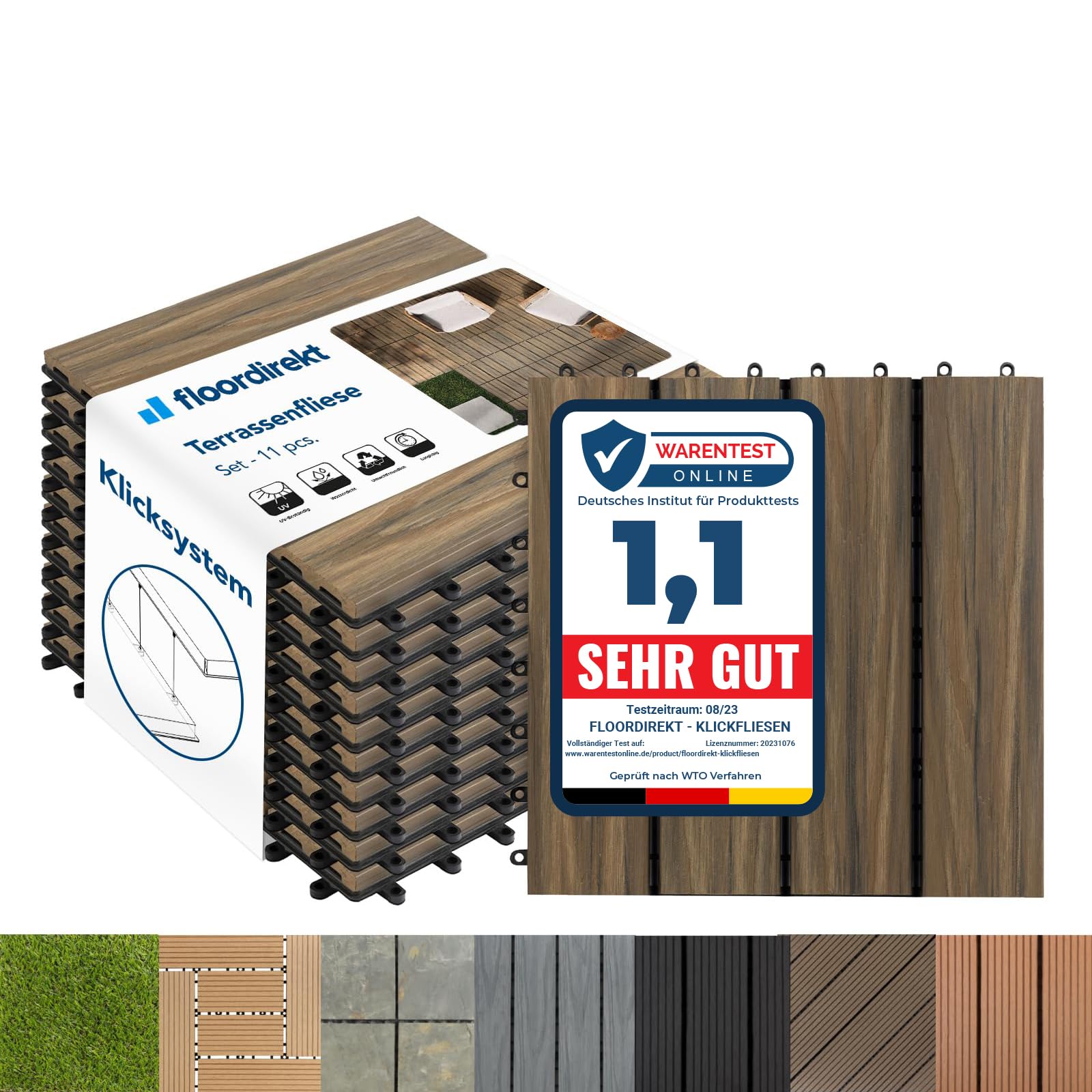 Floordirekt WPC Decking Tiles (11 Tiles, 1m² - 30 x 30 cm) Interlocking Composite Decking Boards, Waterproof Non-slip Flooring Outdoor Tiles for Garden, Patio, Balcony - Mix Teak