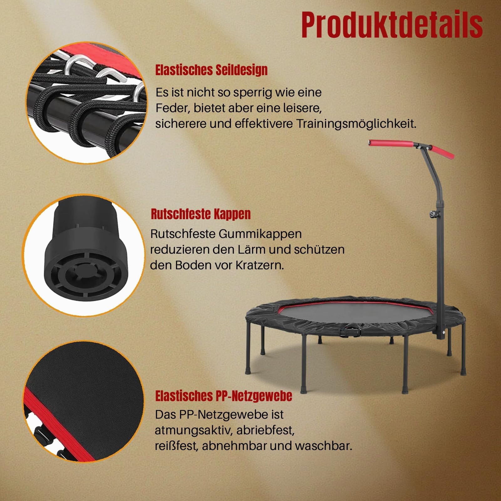 LIFERUN Mini Trampoline d'intérieur pour Adultes Ø 128 cm,Petit Trampoline de Fitness,Saut rebondissant,Capacité de Charge 150 kg,Corde en Caoutchouc,Poignées réglables en Hauteur,Maison, Rouge