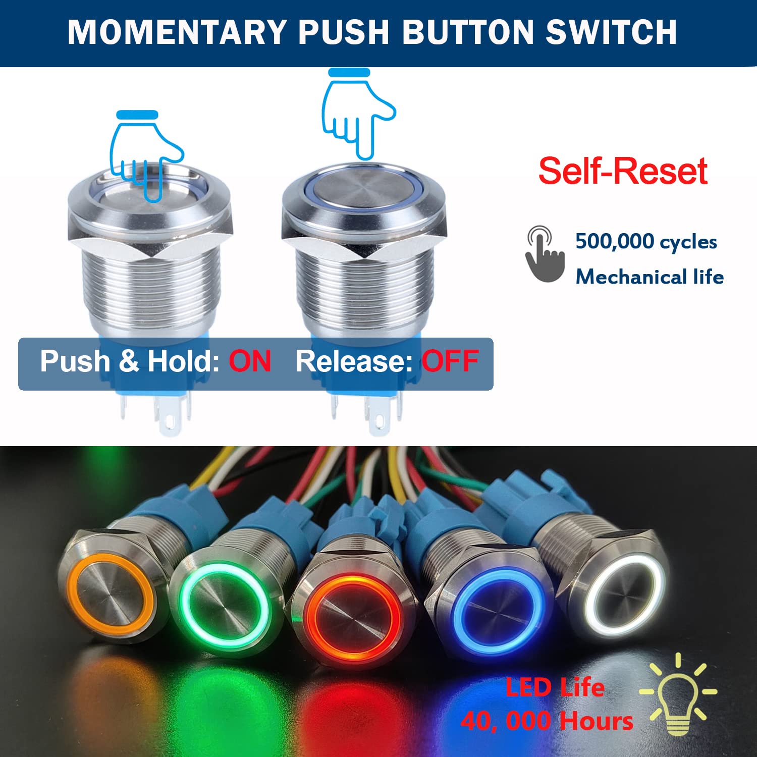 2Pcs 19mm Momentary Push Button Switch 12V 24V DC LED Indicator Waterproof Anti-Vandal Stainless Steel case 3/4" Mounting Hole 1NO1NC (ON)-Off with Plug Socket (Halo Ring Yellow Light) image 2