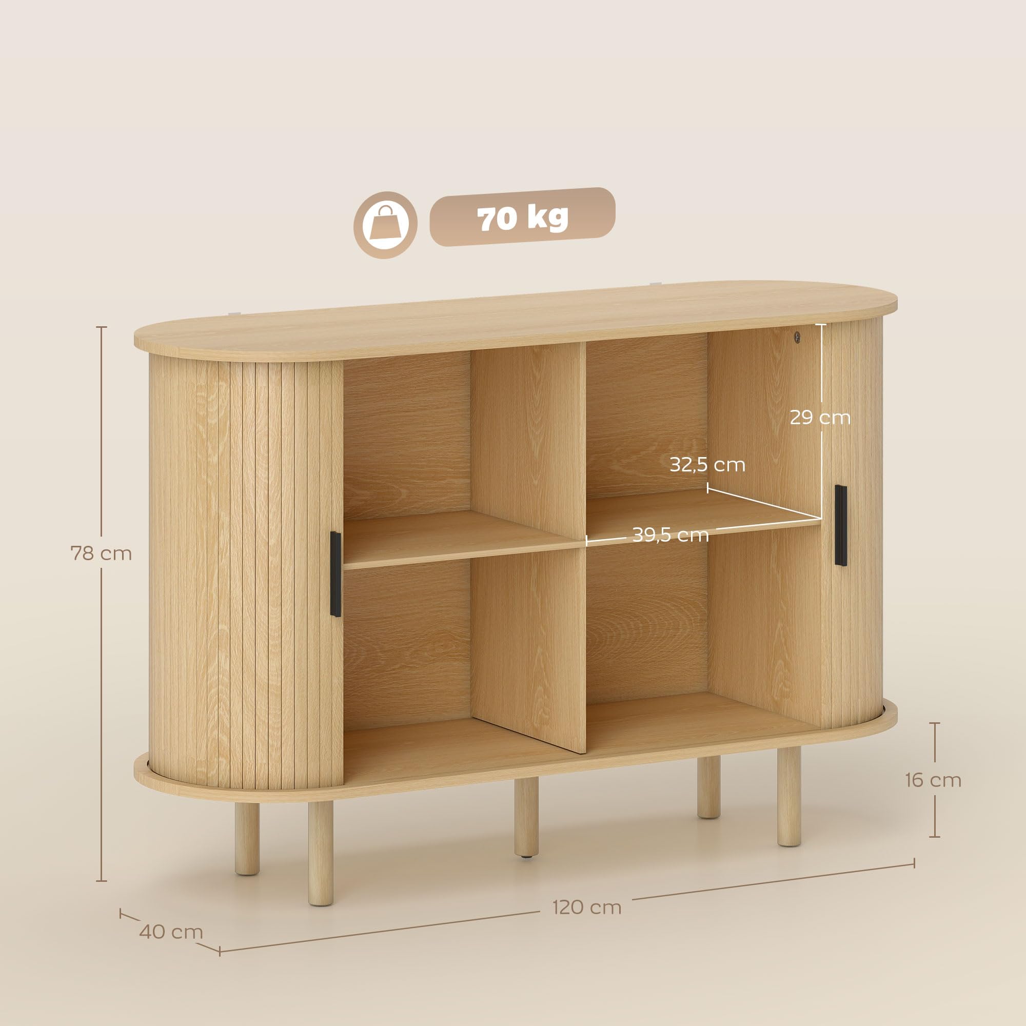 HOMCOM Aparador con Puertas Tambour Deslizantes, Aparador para Salón Moderno, con 4 Compartimentos y Patas de Madera, para Cocina, Entrada, Dormitorio, Roble, 120x40x78 cm