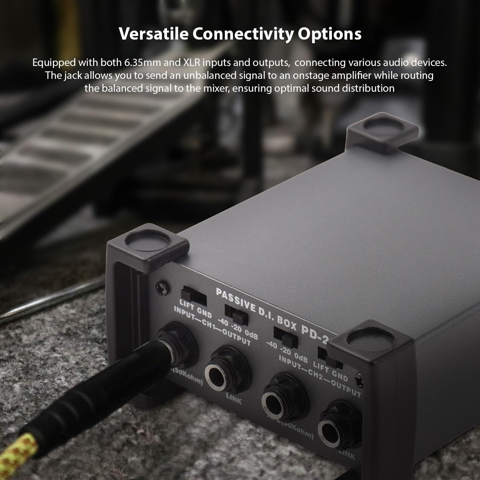 Unità DI-Box passiva a 2 canali Eliminatore di ronzio Direct Box per strumenti da 1/4'' a XLR Trasformatore di impedenza professionale Isolatore audio DI Direct Box per tour e spettacoli dal vi