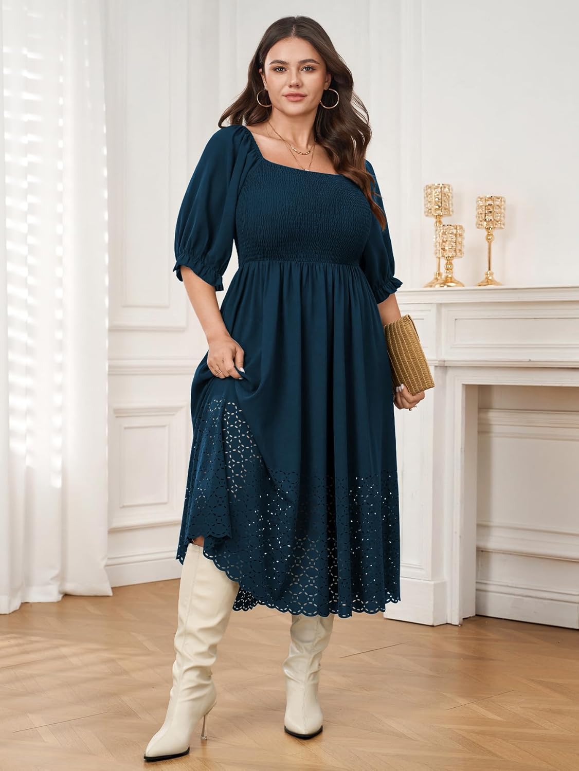 SCOMCHIC Women's Plus Size Maxi Dress Short Sleeve Square Neck Hollow Out Smocked Flowy A-Line Boho Wedding Guest Dresses - Image 4