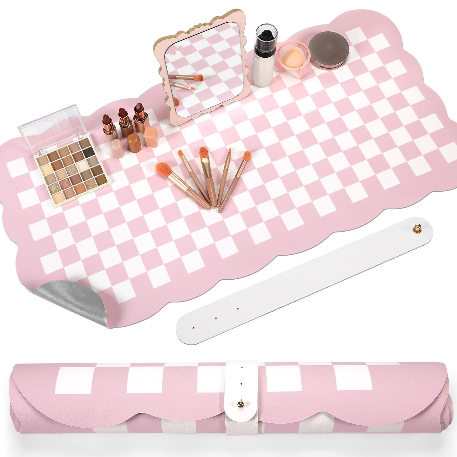 Nuanchu Pink Checkered Make up Mat, Pastel Vanity Makeup Pad Dual Sided Make up Mat for Vanity Easy to Clean Makeup Pad Waterproof and Oilproof(
