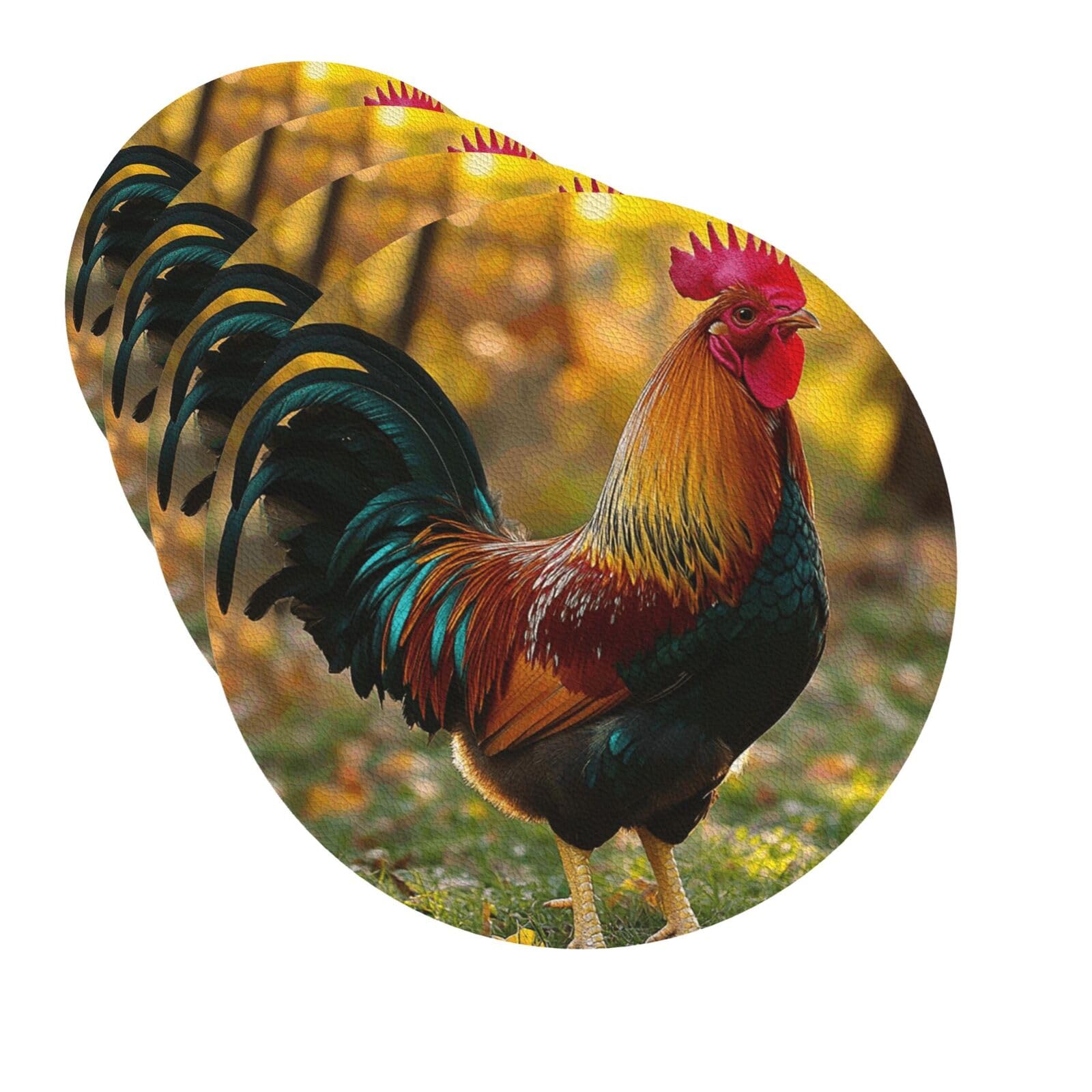Drink Coasters Set of 4 Quick-Dry Leather Coaster Cute Rooster Chickens Coasters for Drinks Coffee Cup Mat Tabletop Protection Heat Resistant Coaster for Kitchen Bar Office Home Decor