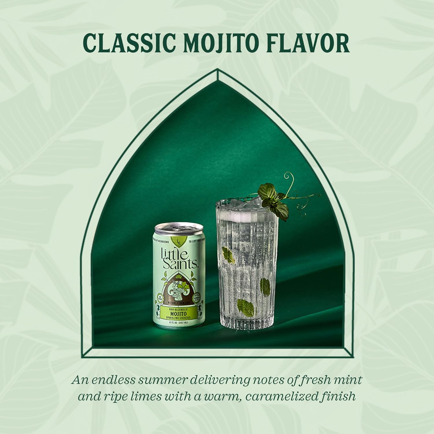 Little Saints Non-Alcoholic Mojito Mocktail | Crisp Mint & Lime | Crafted with Reishi Mushroom, Damiana & Adaptogens for Calm & Ease | 5 Calories | Sugar Free, 12-Pack 8oz Cans