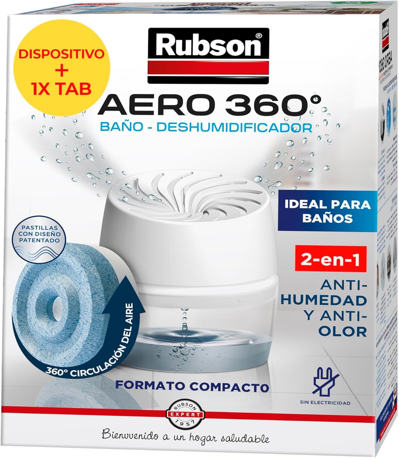 Rubson AERO 360º Baño, deshumidificador portátil sin cable para baño, absorbe humedad para la circulación del aire, disipador de condensación antihumedad, dispositivo y tableta (450 g)