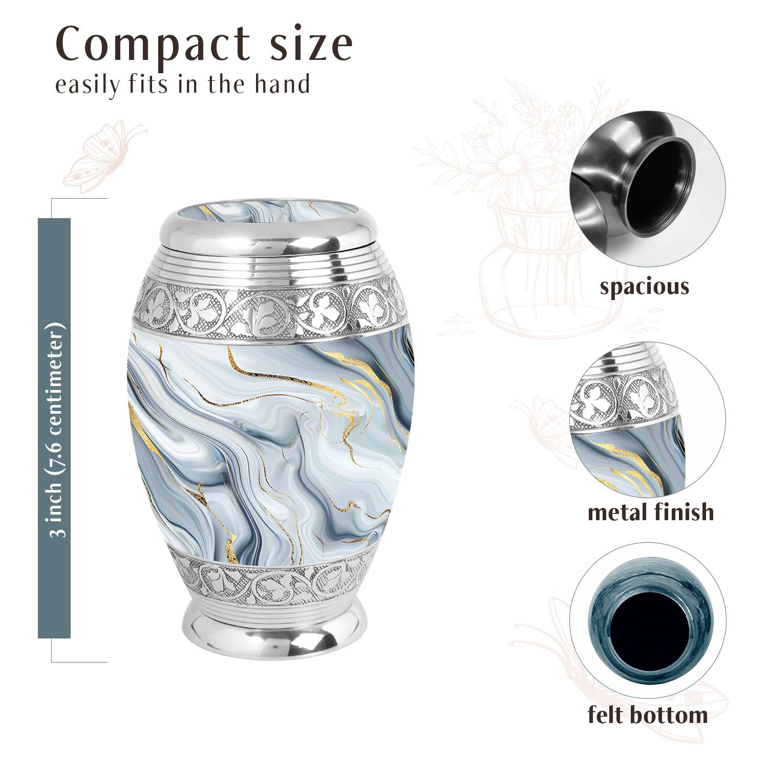 YATHABHISA White Marble Aluminium Mini Urns for Human Ashes Adult Male, 3 Inch, 1 Pcs, 3" Keepsake Pack of 1 - Image 2