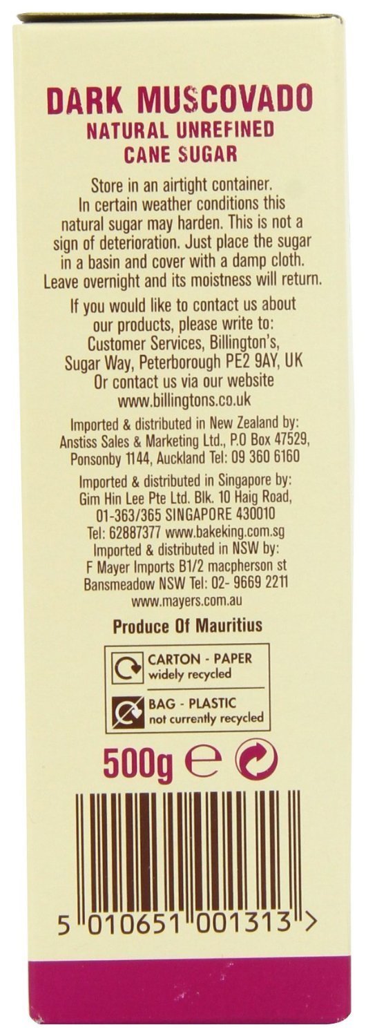Naturel non raffiné foncé Muscovado sucre de canne de Billington (de 500g) - Paquet de 2