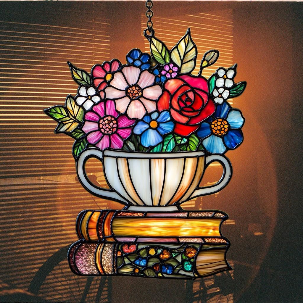 Floral Tea Cup and Books Acrylic Suncatcher Stained Glass Effect Window Car Hanging Christmas Ornament Indoor Outdoor Decor Garden Sun Catcher Panel for Book Lover for Women Mom Grandma