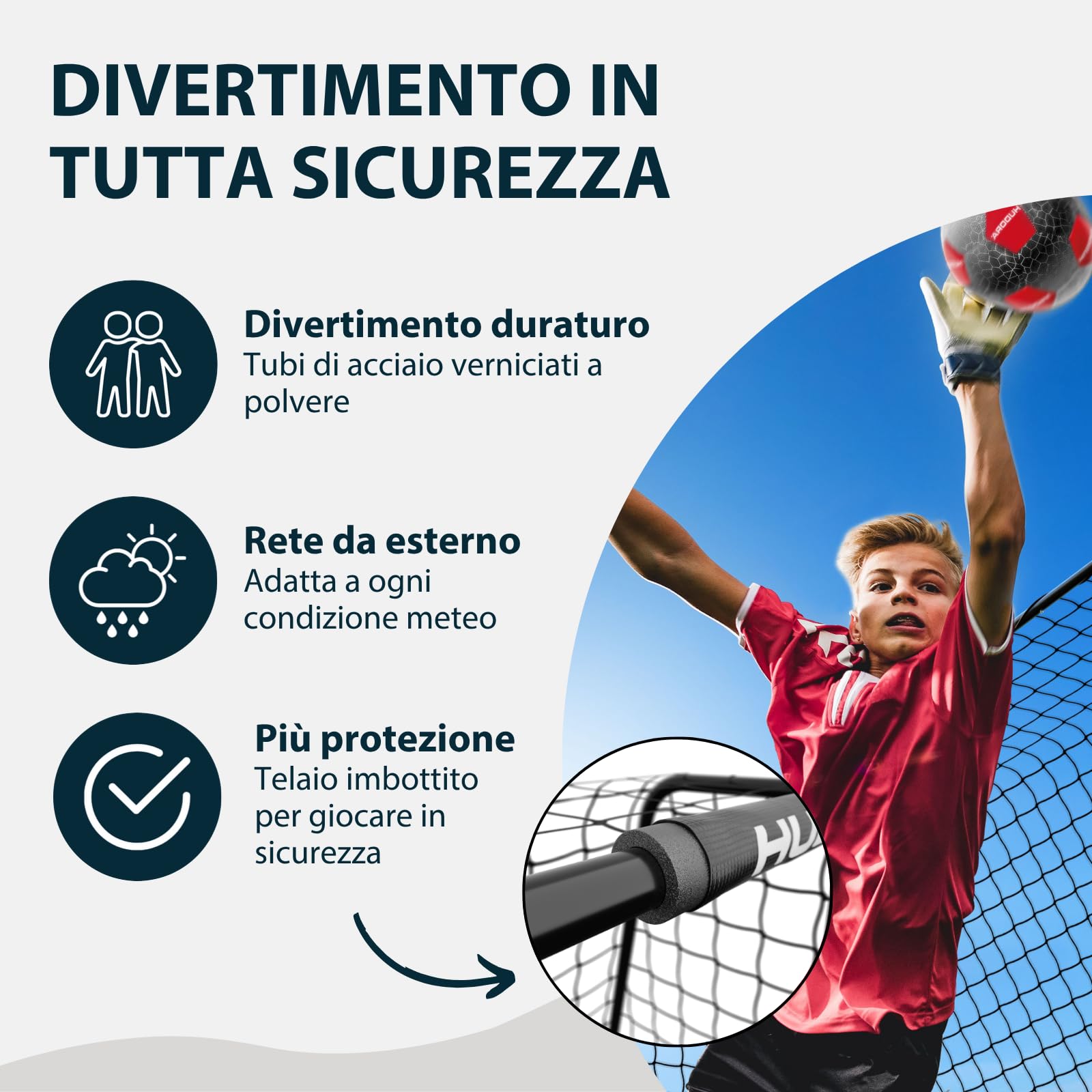 HUDORA Pro Tect Lite – Porta calcio da giardino con pali imbottiti, per l’esterno – facile da montare grazie alle connessioni a scatto – porta stabile in acciaio per bambini e ragazzi - nera