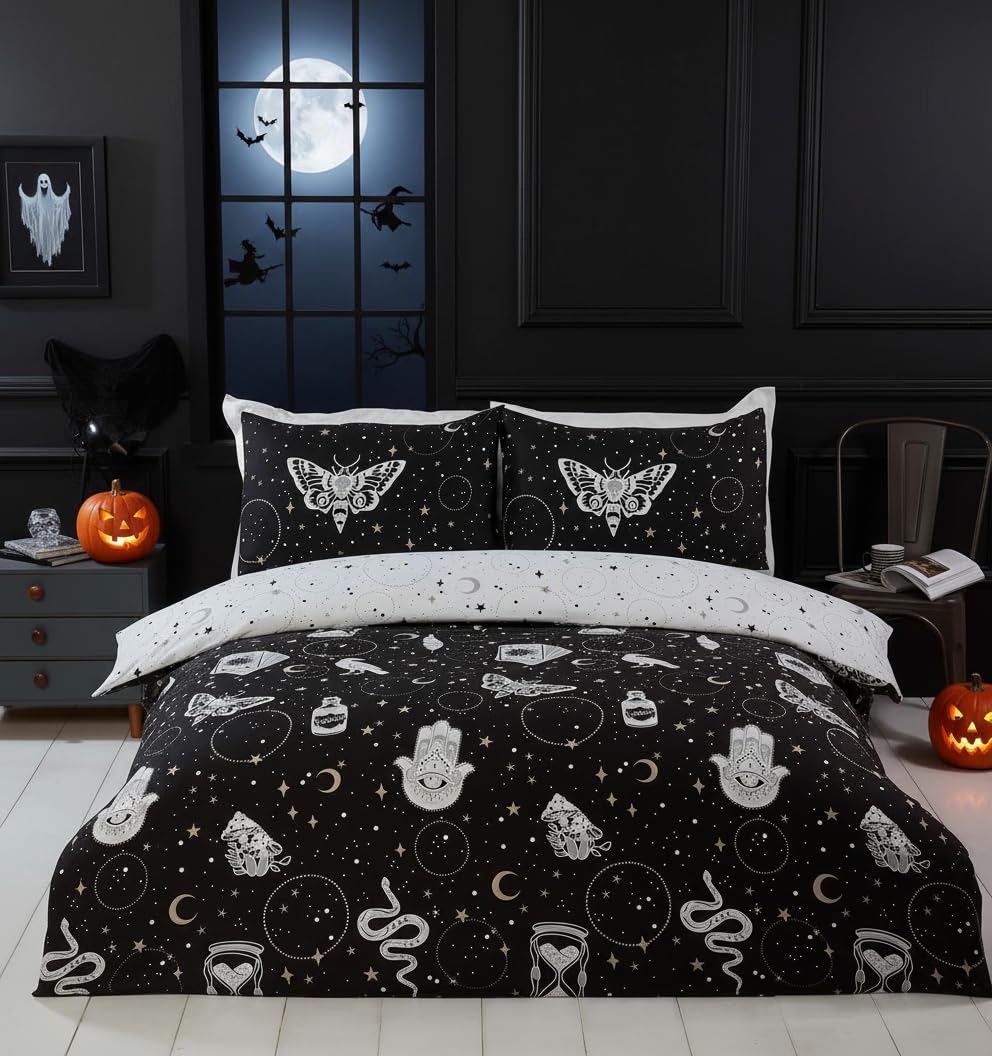 Rapport Home Gothic Magick Duvet Cover Set | King Black Skull Moon Stars Bedding with 2 Pillowcases | Soft 100% Polyester Easy Care Duvet Cover 220x230cm