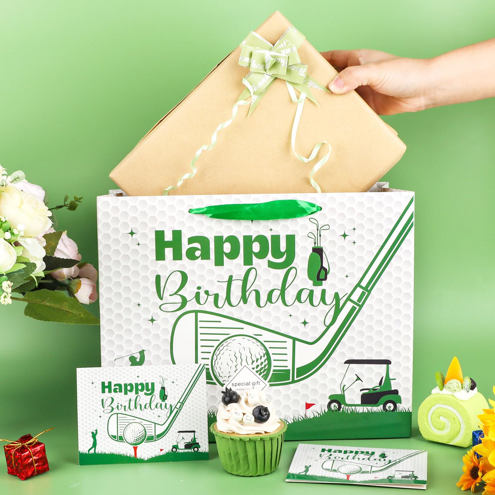 Abilat Large Golf Birthday Gift Bag with Tissue Paper and Greeting Card Reusable Golf Birthday Party Favors Wrapping Bag for Boys Men Sports Themed Party Decoration Supplies