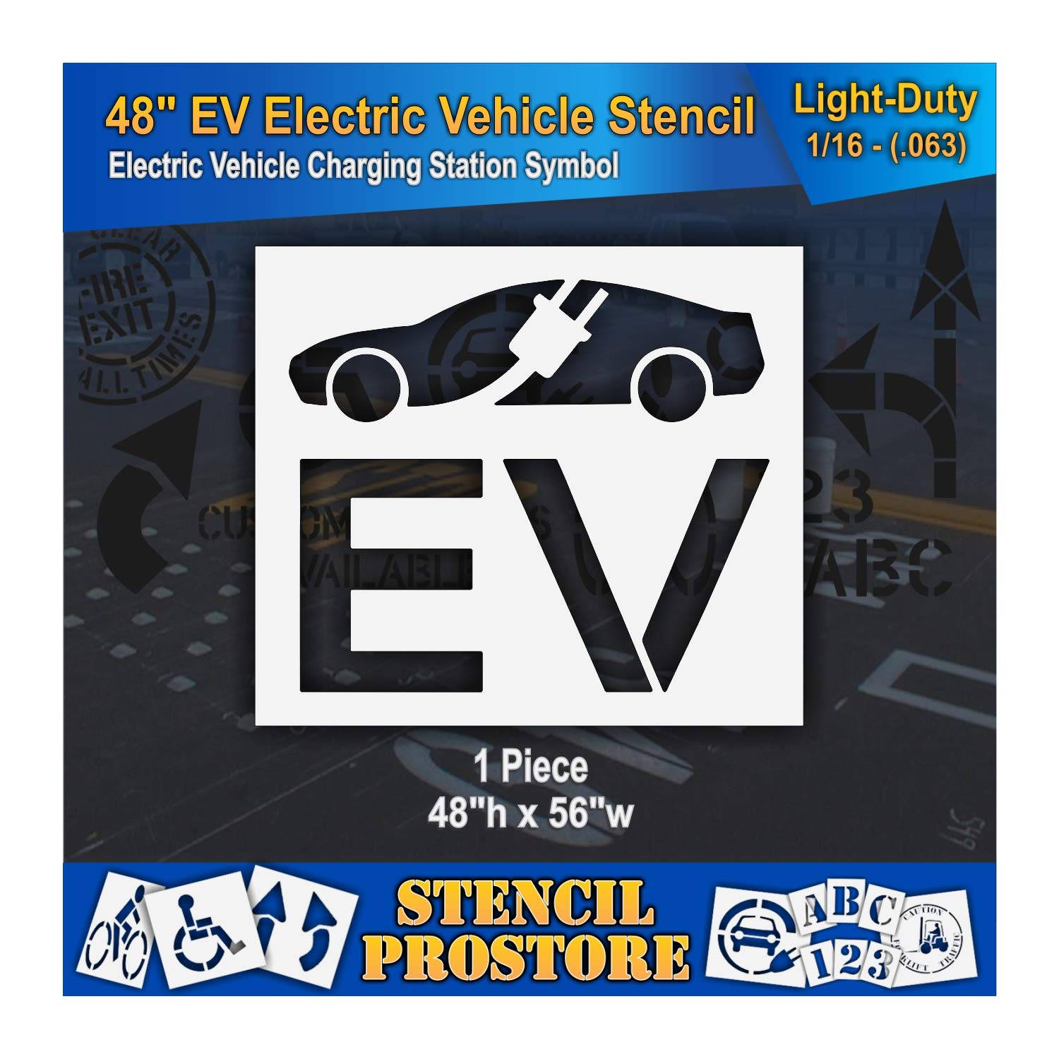 Pavement Stencils - 48 in - Electric Vehicle Silhouette with Plug and EV Letters - 48'' x 56'' x 1/16" (63 mil) - Light-Duty