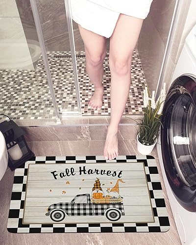 Bath Mat,Thanksgiving Fall Harvest Gnome Pumpkin Truck Maple Leaves Plaid Indoor Door Thin Mat Absorbent Bathroom Quick Dry Rug Entrance Non Slip disponible en Yaxa Peru