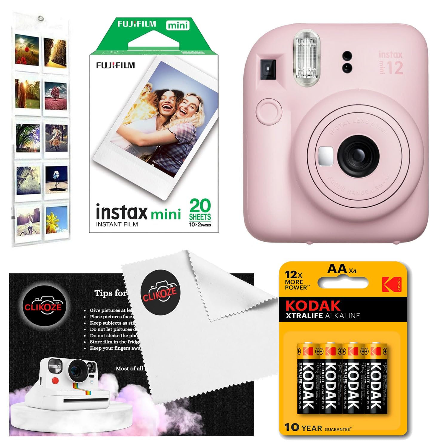 Instant Camera Bundle with Fujifilm Mini 12 Camera, Fujifilm 20 Shot Mini Film, 4 x AA Batteries, Wall Album, Clikoze Lens Cloth and Instant Photography Tips Card (Pink) - 1