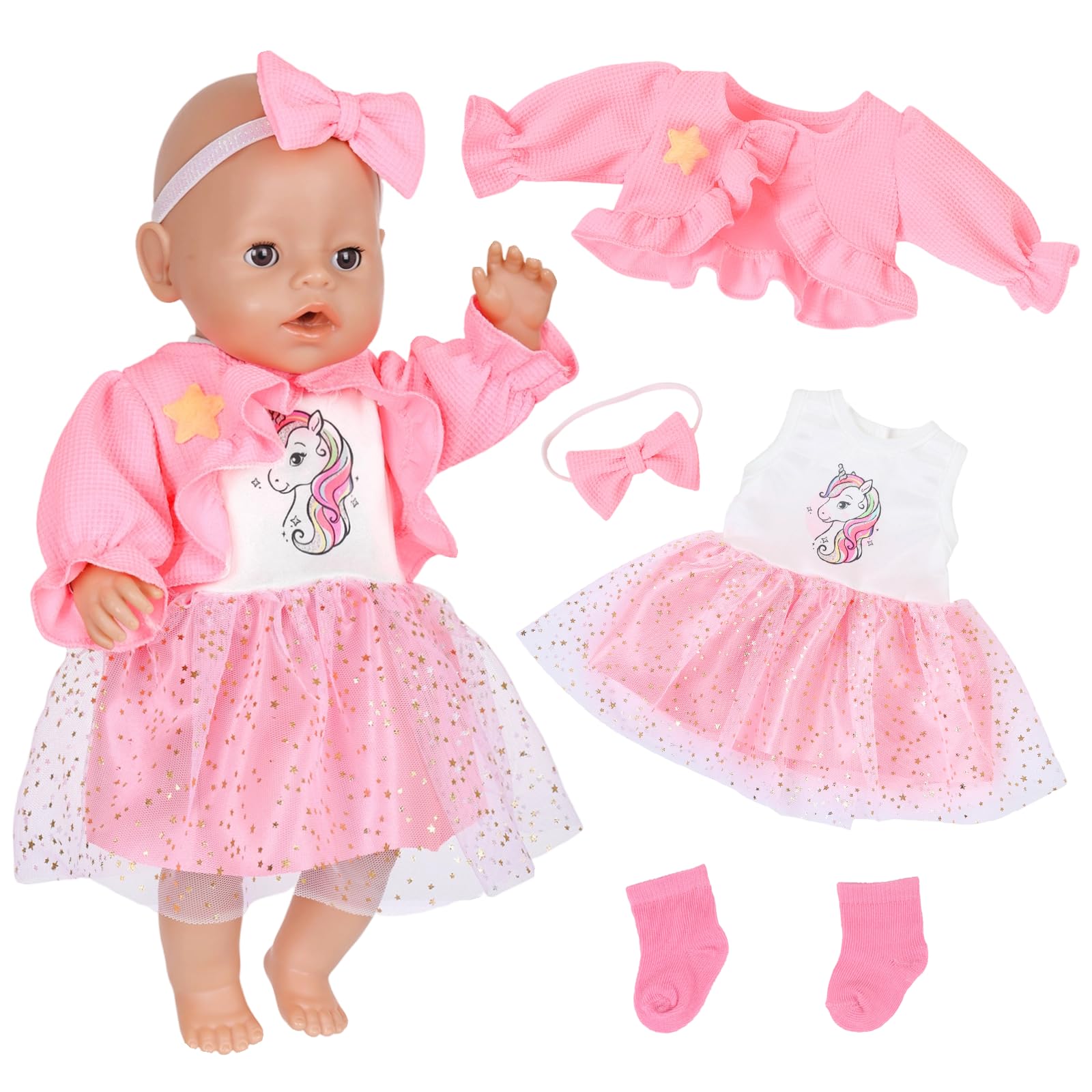 Baby Doll Clothes for 12-18 Inch NewBorn Baby Dolls with Pink Coat Star Sequin Tulle Dress Headband Socks, 30-45cm Sweet Doll Outfits Baby Doll Accessories for Kids Birthday Gift
