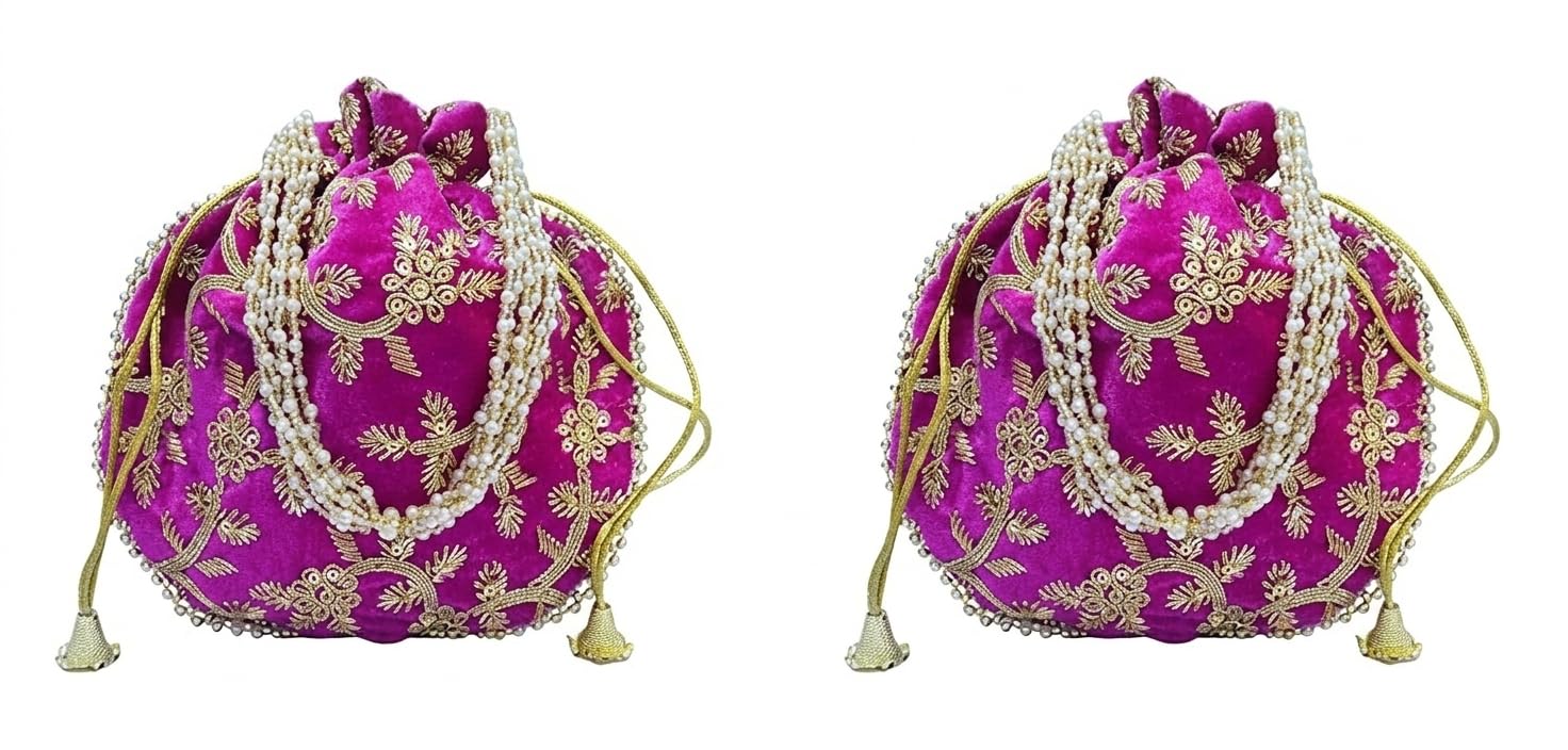 JDDCART Wedding gifting potli combo set of 2 || stylish shagun potli in velvet feel floral design fabric with sequins design of flower pattern (Rani Pink, Gold)-picture-45