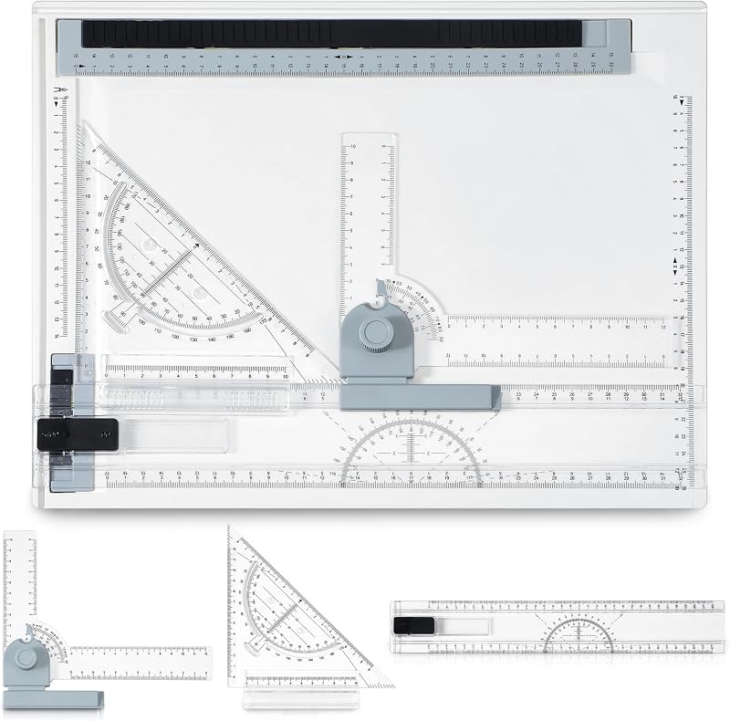 Zonon Tablero de dibujo portátil A4, mesa de dibujo métrica multifunción, tablero de dibujo con regla clara, movimiento paralelo y sistema de medición de ángulo ajustable