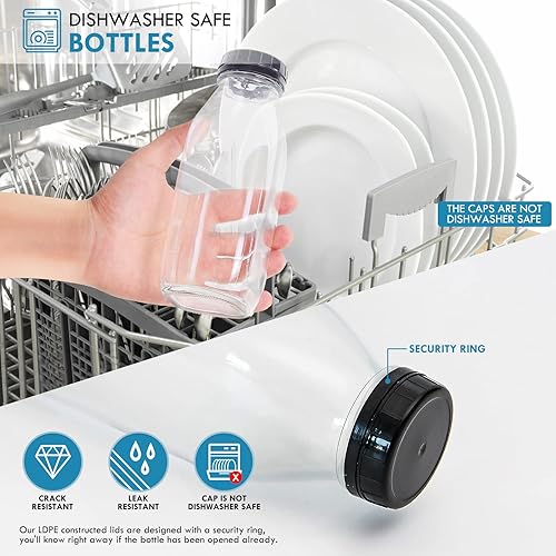 Miniatura 5 de YEBODA Botella de leche de vidrio de 32 onzas con tapas de plástico a prueba de manipulaciones (paquete de 4) contenedores de bebidas lácteos