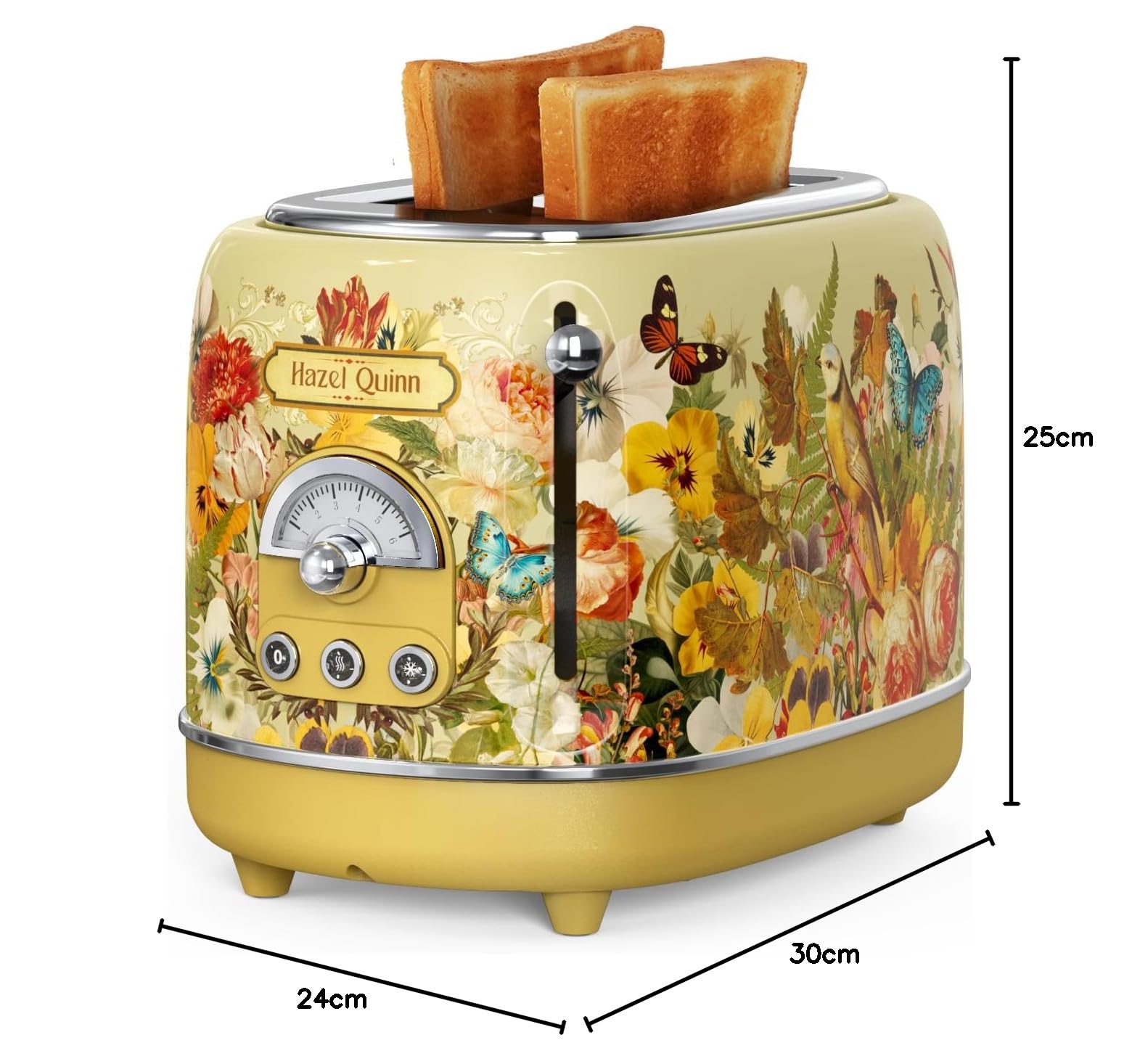 Hazel Quinn Grille-Pain Vintage, 2 Fentes Extra-Larges, Inox, Jaune Imprimé | 3 Fonctions, 6 Niveaux de Brunissage, Plateau Ramasse-Miettes Amovible, Acier Inoxydable, 815 W, Arrêt Automatique