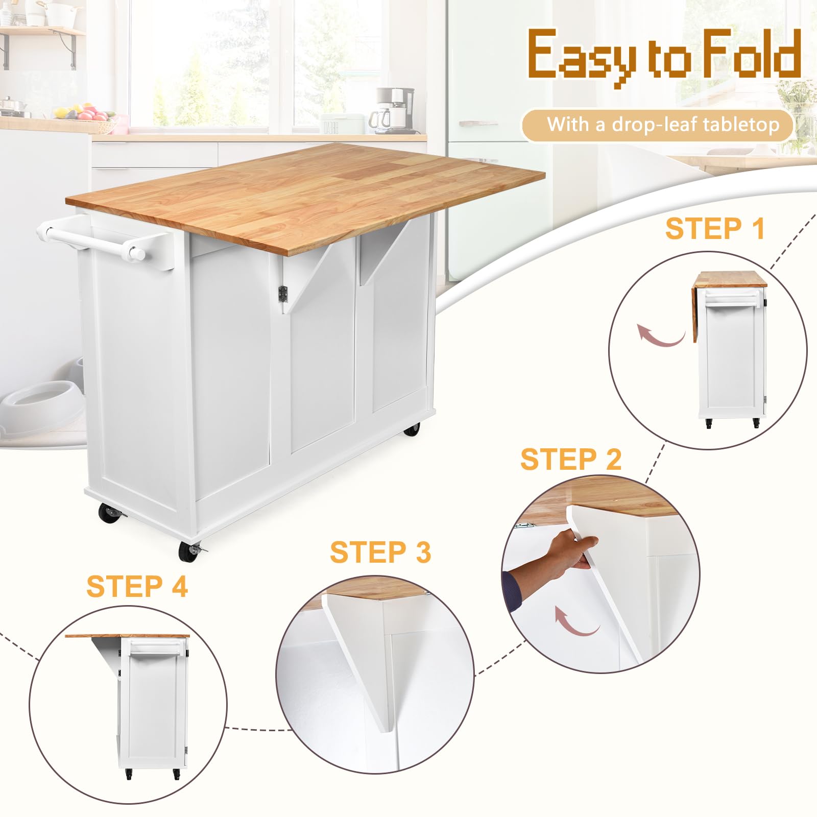 KOMFOTTEU Carrello da Cucina con Pannello Pieghevole Portato fino a 50 kg, Isola da Cucina 43x136x91cm, Carrello Portaoggetti in Legno con Ruote, Multifunzione e Grande, Nero (Bianco)